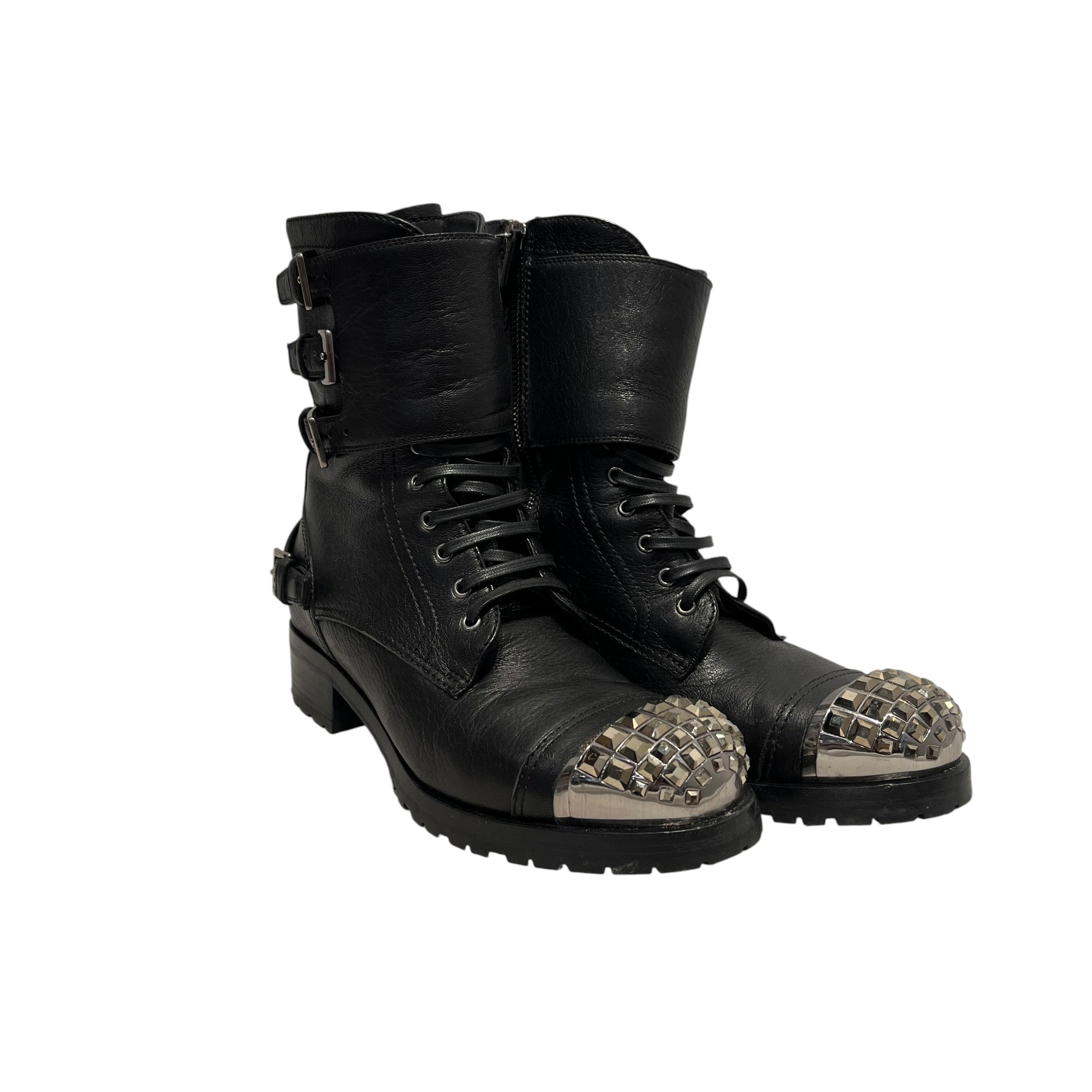MIU MIU/Lace Up Boots/EU 37/Leather/BLK/embellished toe combat boots view 1