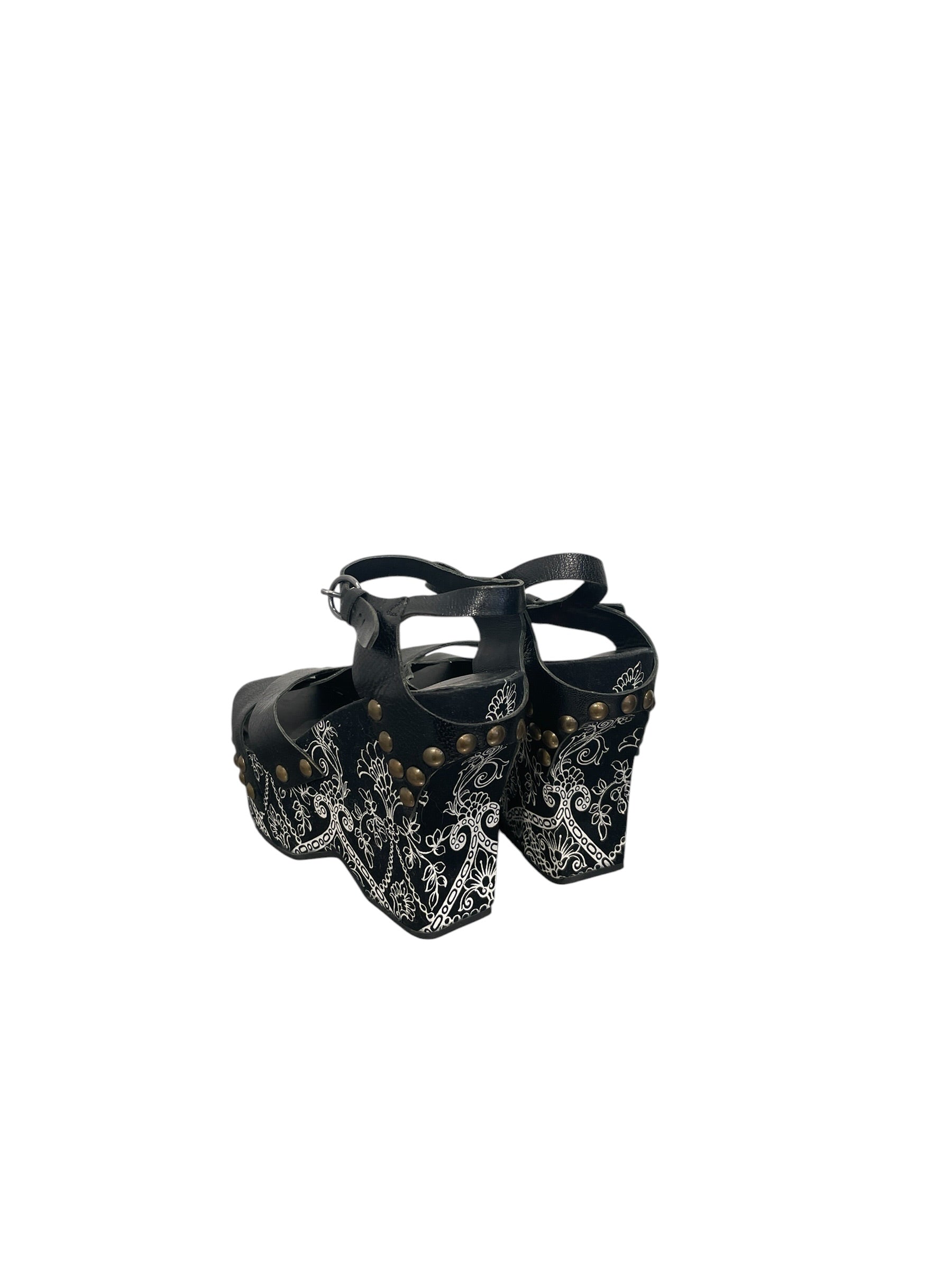 MIU MIU/Heels/EU 37/Floral Pattern/Leather/BLK/STUDDED WEDGE PLATFORMS view 2