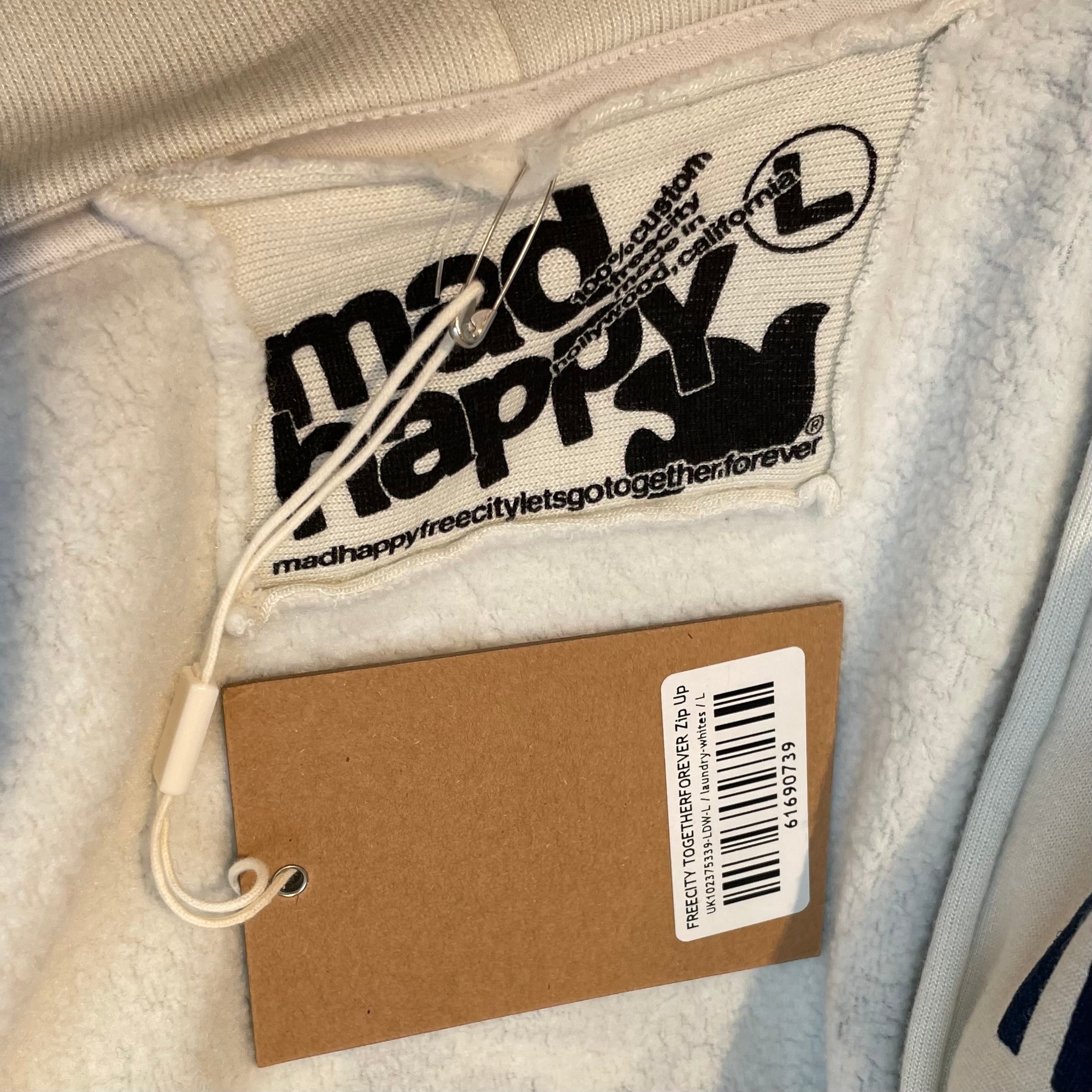 Madhappy/Zip Up Hoodie/L/Cotton/WHT/mad happy logo left chest view 6