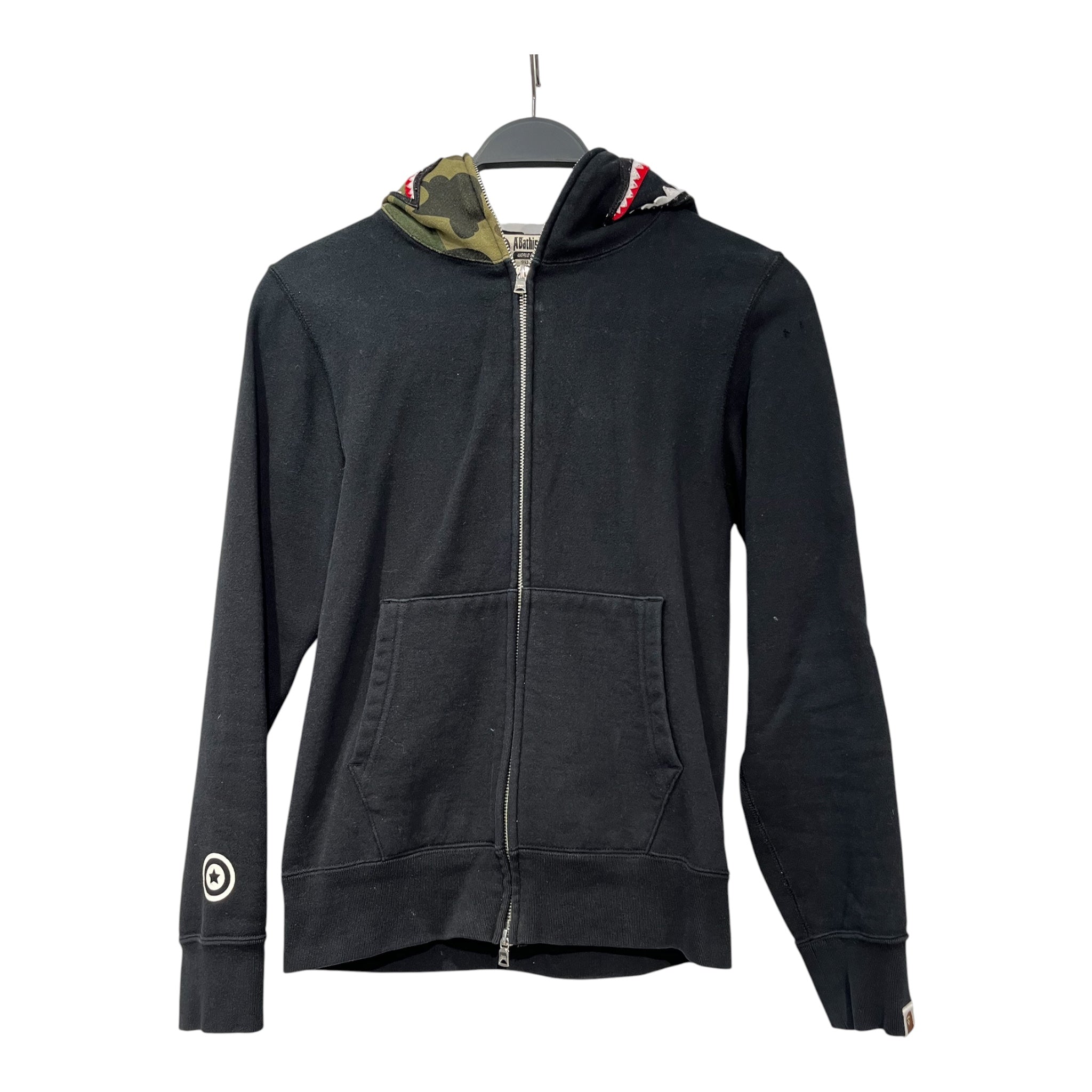 A BATHING APE/Zip Up Hoodie/S/Graphic/Cotton/BLK/001ZPE3 full zip camo shark view 1