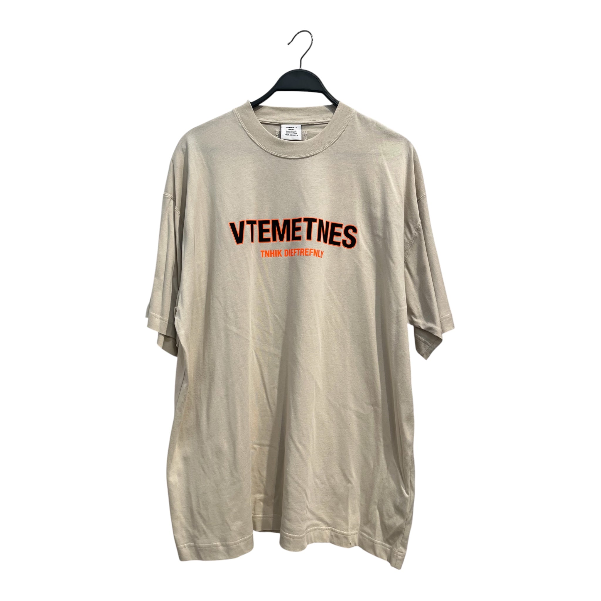 VETEMENTS/T-Shirt/S/Cotton/BEG/ORANGE AND BLACK FONT ON FRONT view 1