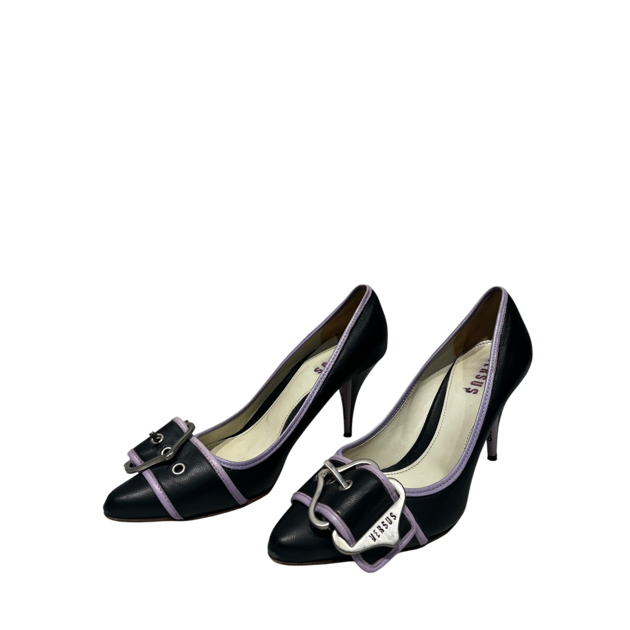 VERSUS VERSACE/Heels/EU 39/Border/Leather/BLK/Buckle/Purple border view 2