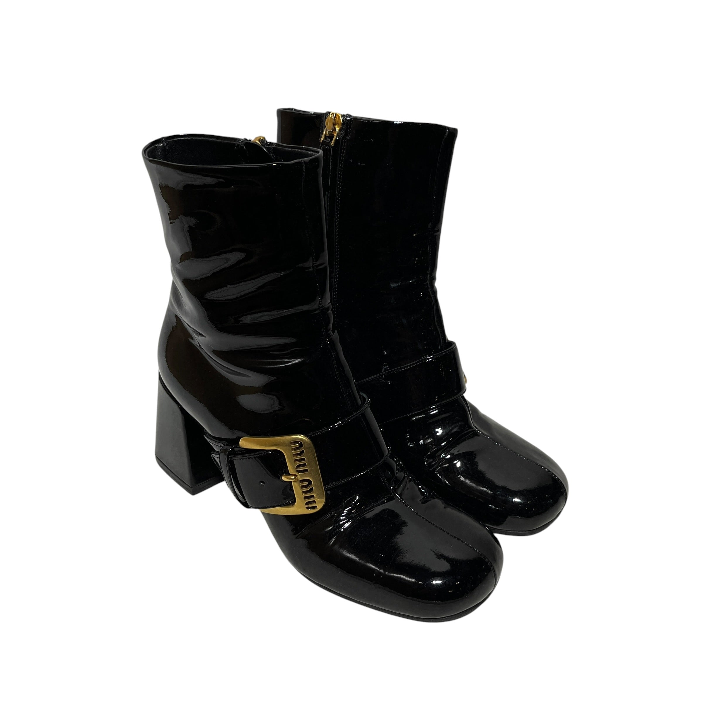 MIU MIU/Ankle Boots/US 6/Leather/BLK/Gold Buckle view 1