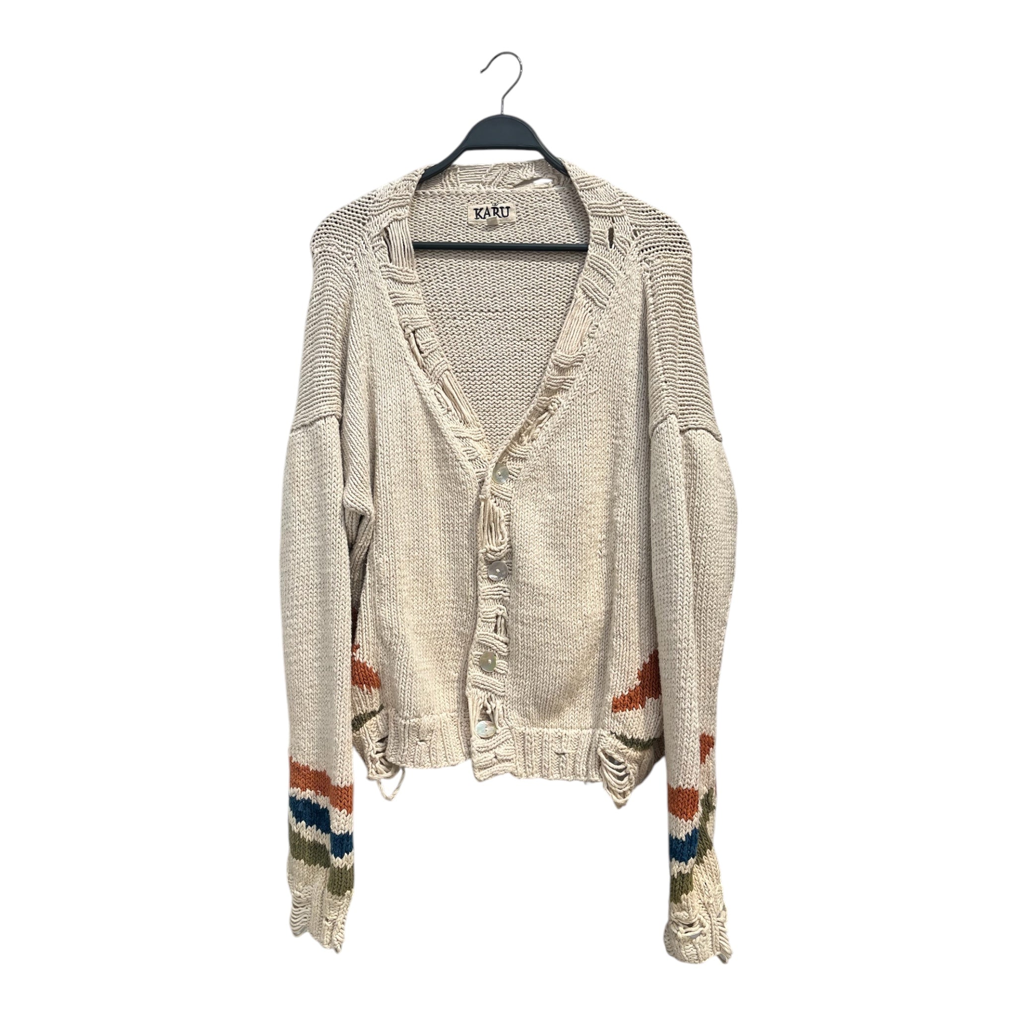 KARTIK RESEARCH/Heavy Cardigan/XL/Stripe/Cotton/CRM/Distressed/DISTRESSED INTARSIA CARDIGAN view 1