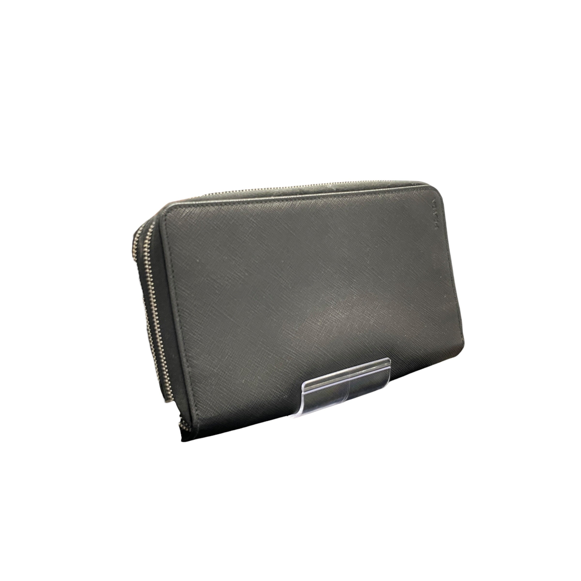 PRADA/Wallet/Leather/BLK/silver zipper/card holders/ltr view 1