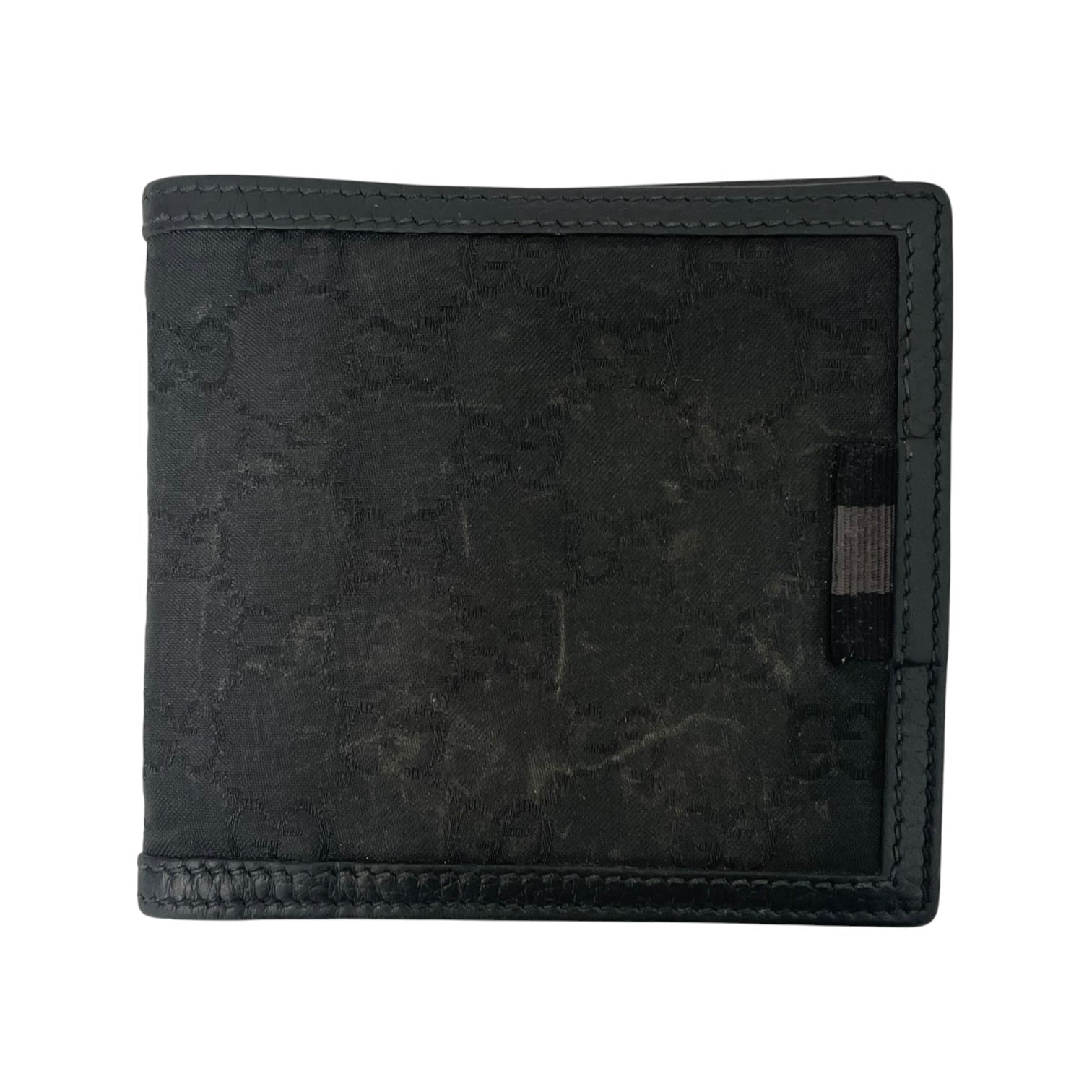GUCCI/Bifold Wallet/Monogram/Cotton/BLK/foldover canvas leather trim view 1