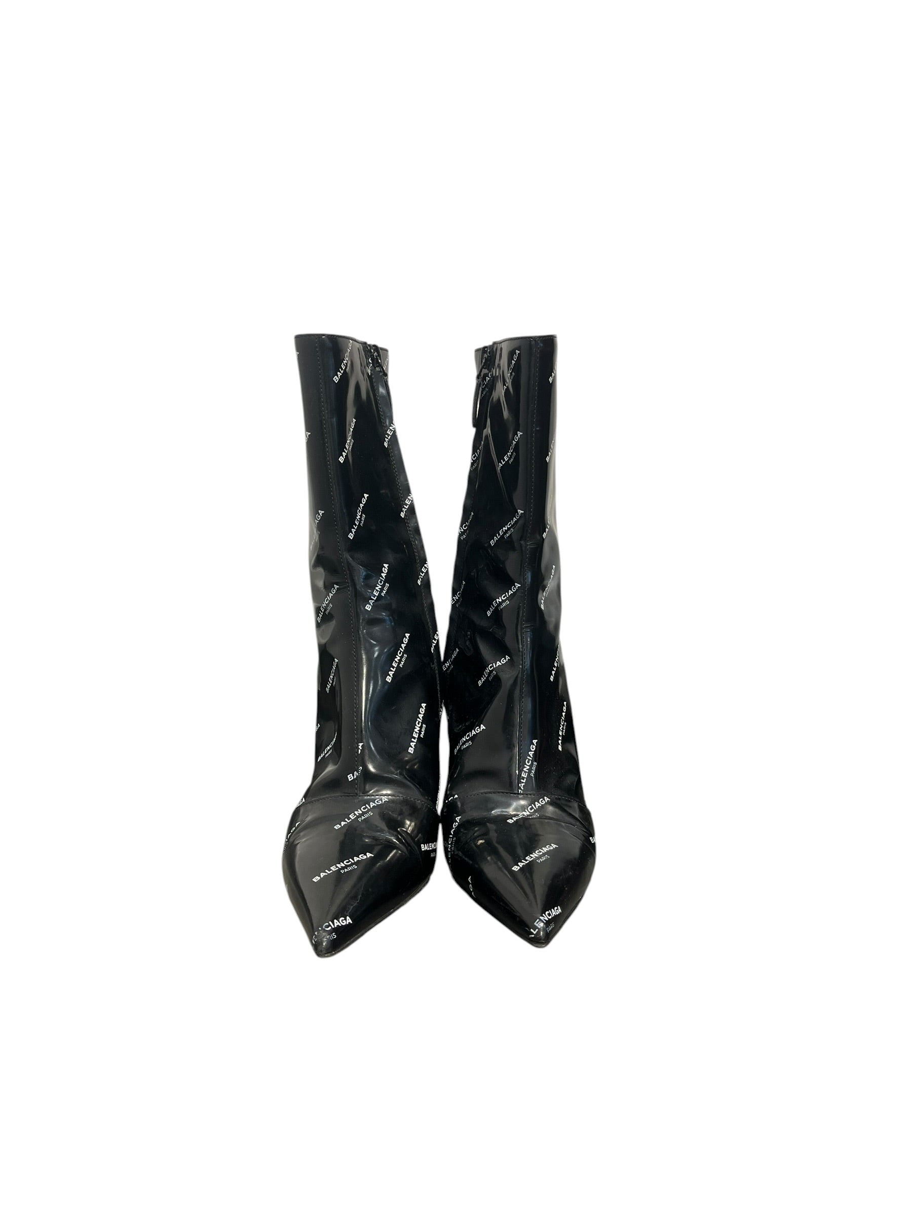 BALENCIAGA/Heels/EU 38/Monogram/Faux Leather/BLK/Patent/white logo zip up boot pointed view 3