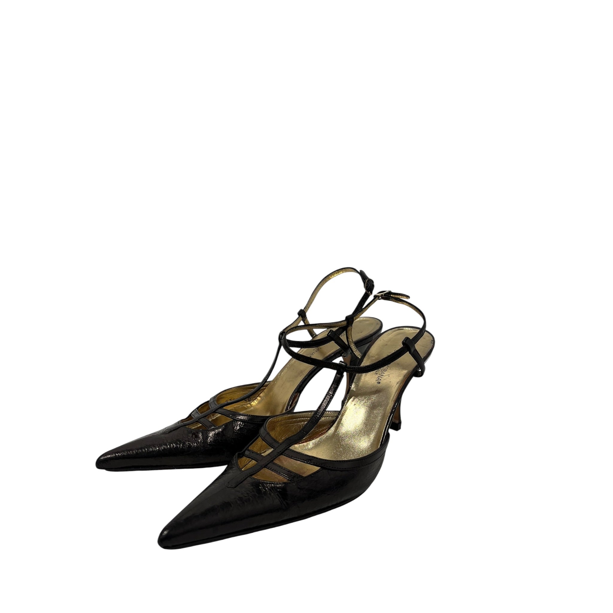 DOLCE&GABBANA/Heels/EU 40/Leather/BRW/Ankle Strap/gold sole pointed toe view 1