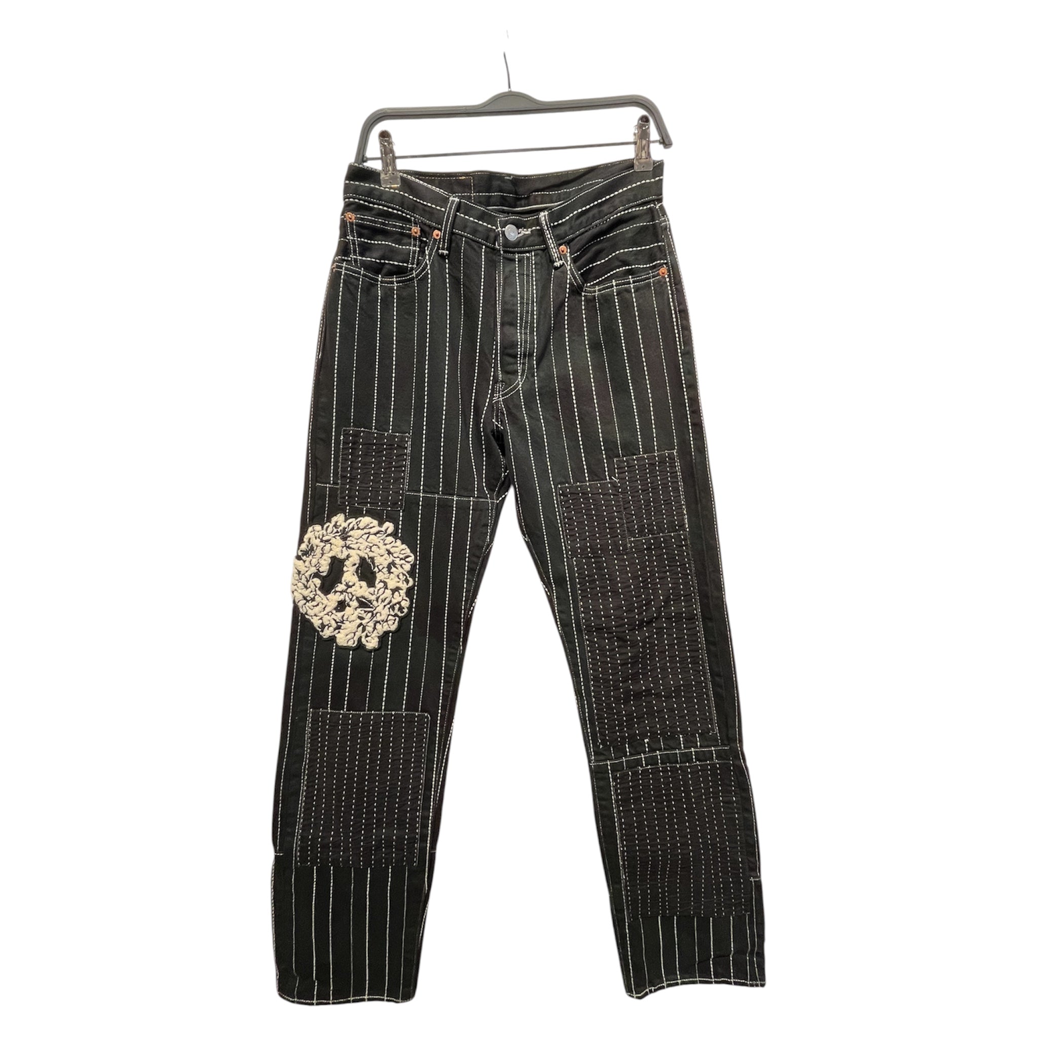 DENIM TEARS/Pants/32/Denim/BLK/Stripe/white stitching/patch on thigh view 1