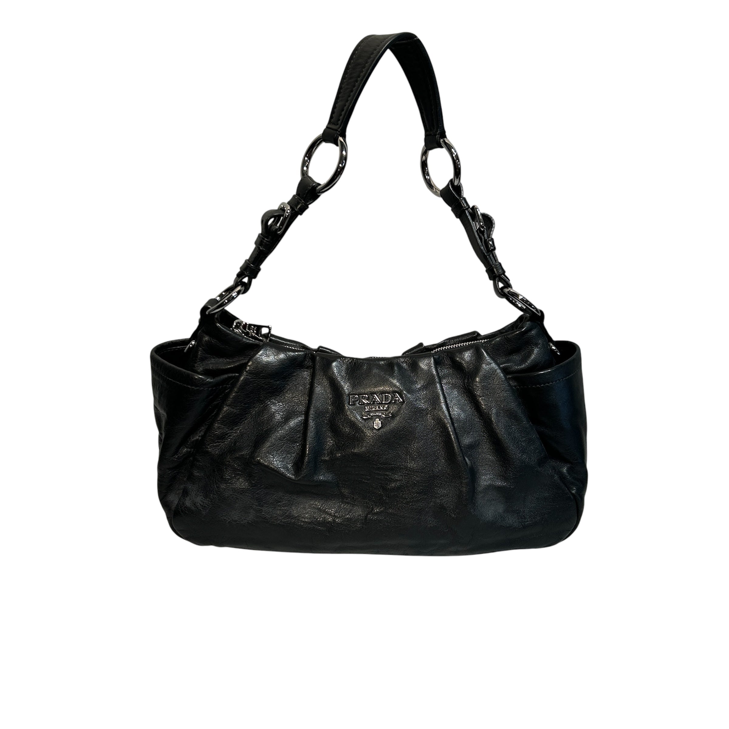 PRADA/Hand Bag/Leather/BLK/LEATHER HOBO BAG LG LOGO view 1