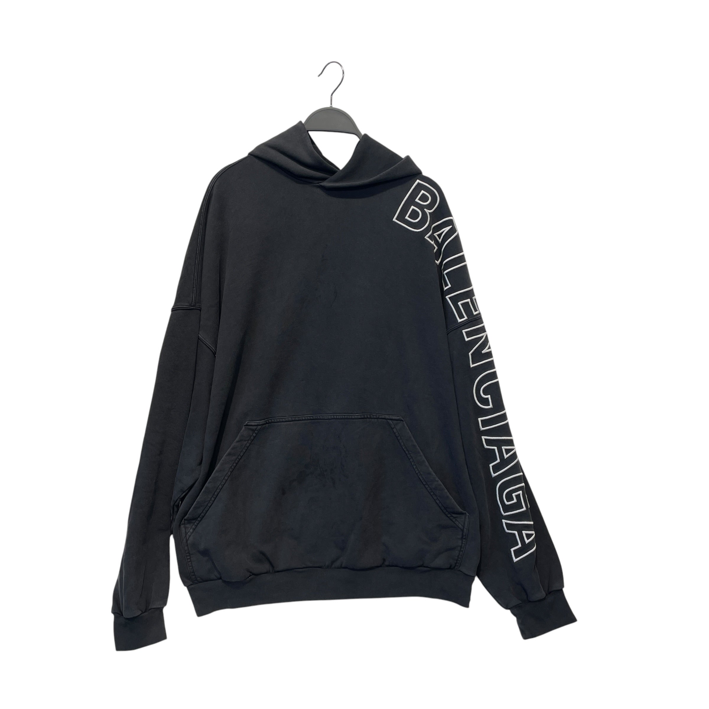 BALENCIAGA/Hoodie/3/Cotton/BLK/white logo embroider on sleeve view 1
