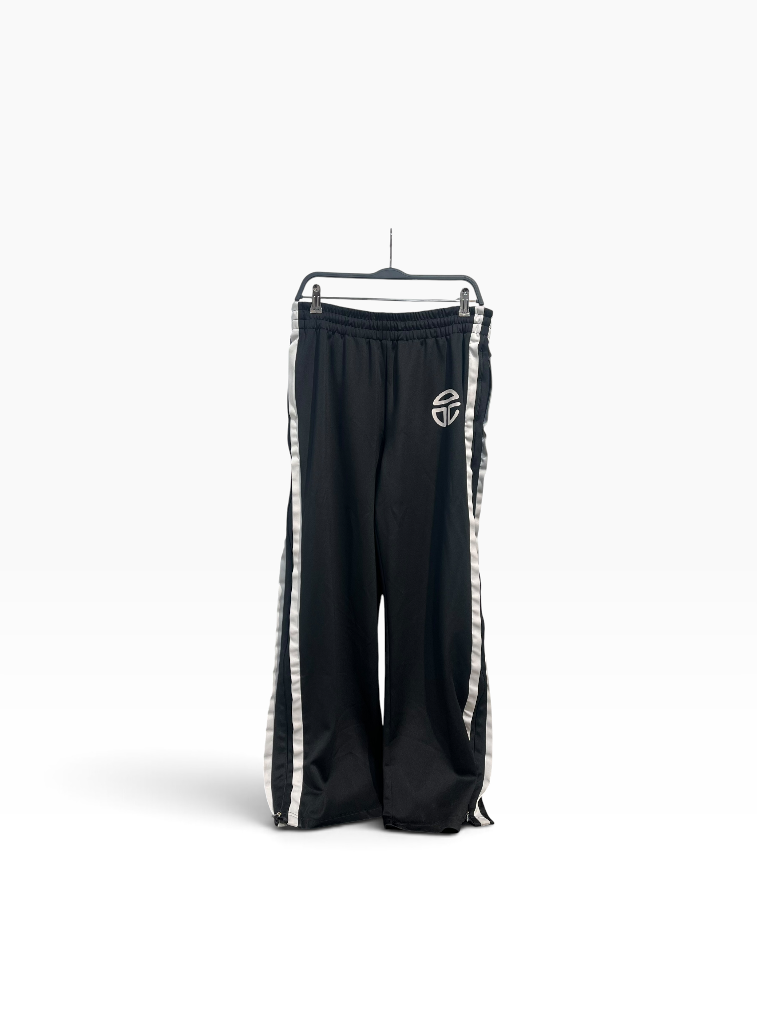 Telfar/Pants/L/Nylon/BLK/white leg stripe and logo frnt view 1