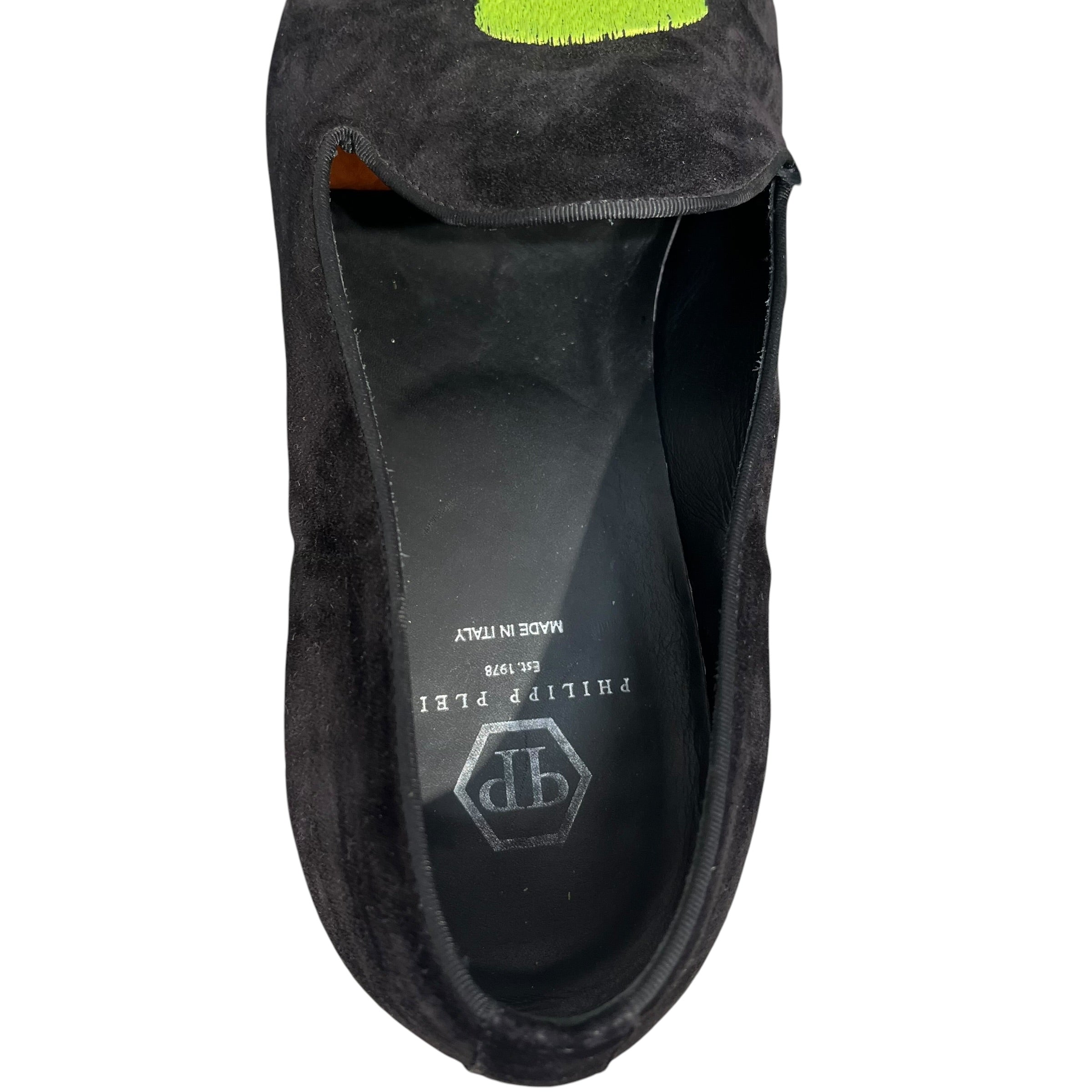 PHILIPP PLEIN/Loafers/EU 44/Graphic/Suede/BLK/NEON GREEN SKULL LOGO SLIP-ON view 3