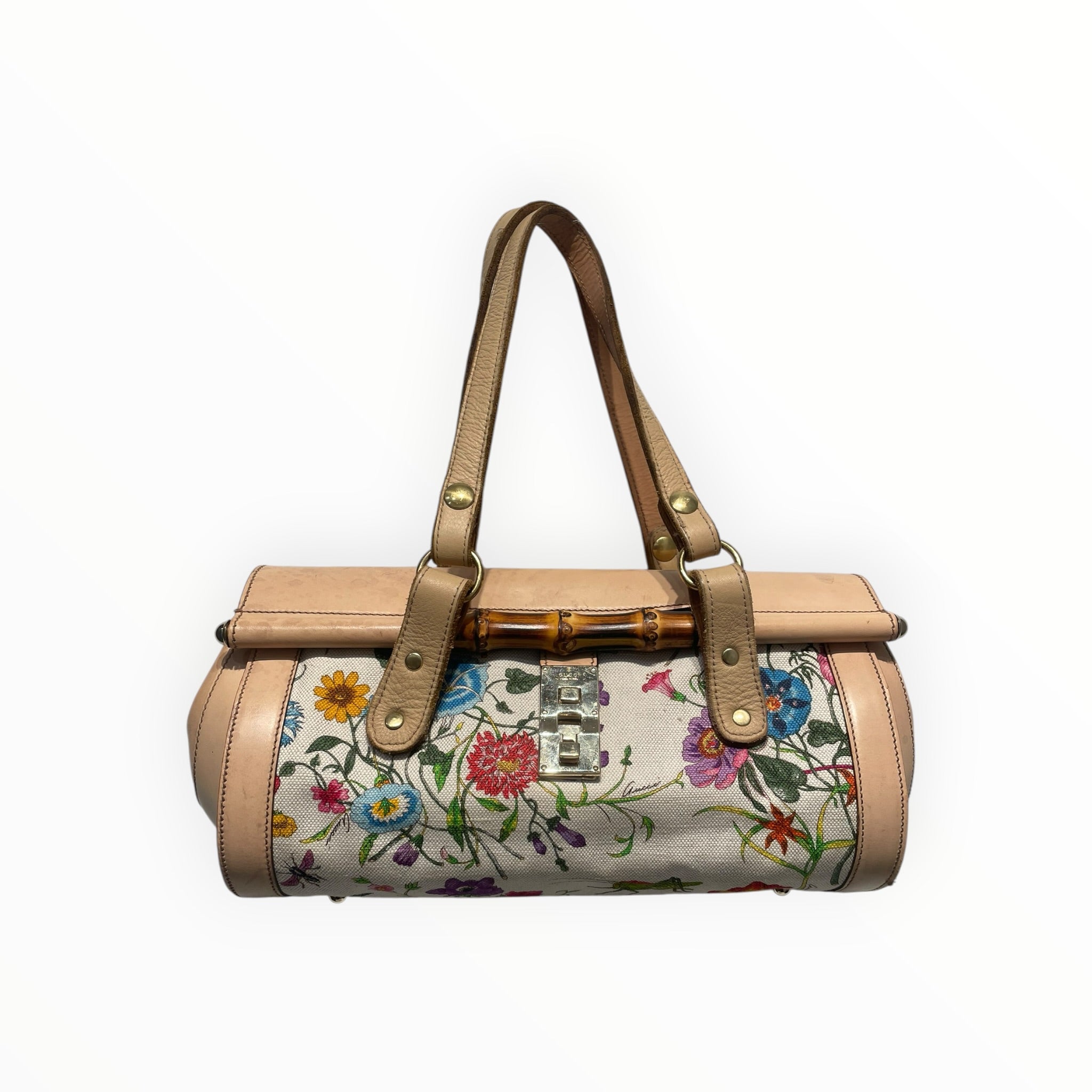 GUCCI/Hand Bag/Floral Pattern/Leather/BEG/canvas bamboo bullet bag view 1