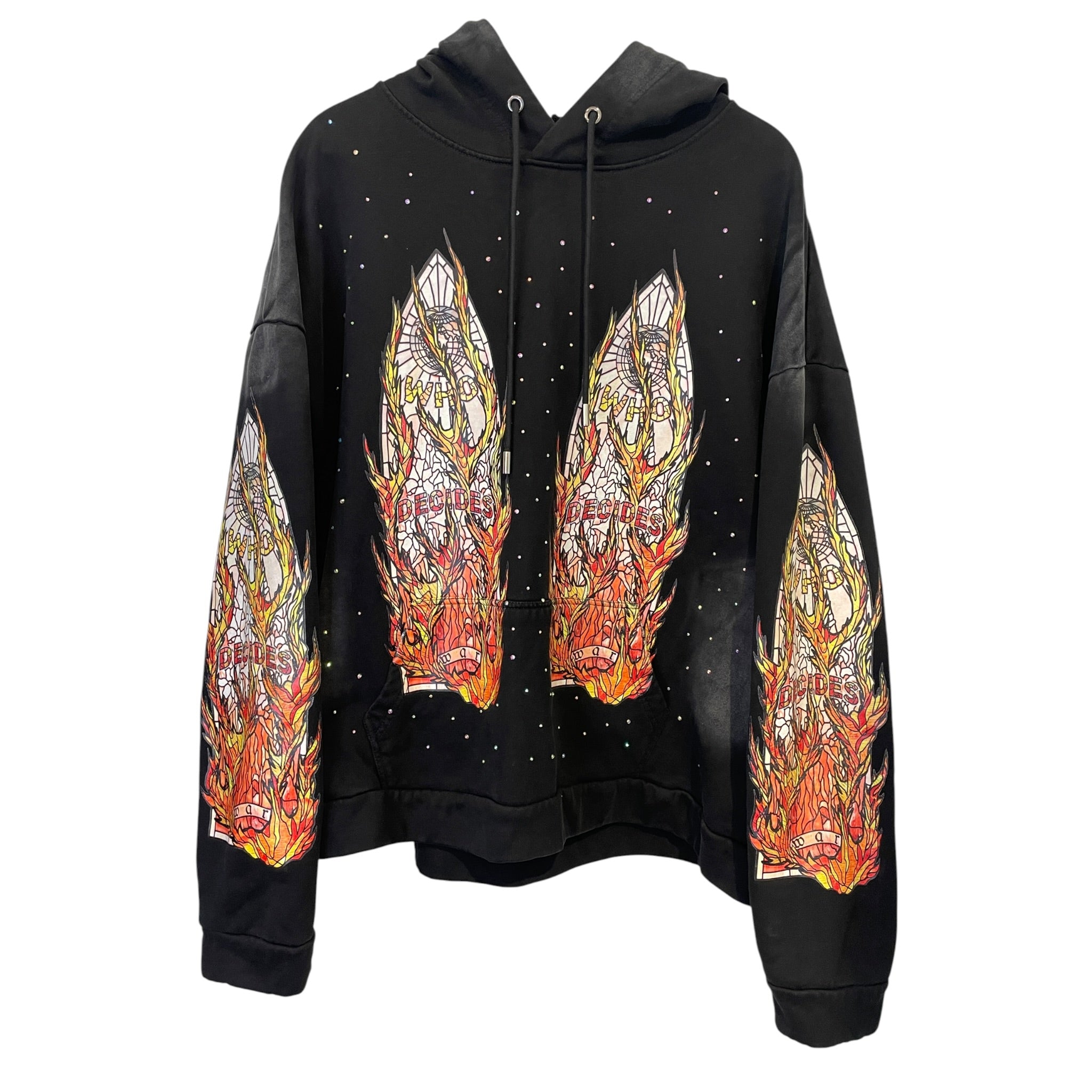 WHO DECIDES WAR/Hoodie/XL/Cotton/BLK/RHINESTONES/FIRE GRAPHIC view 1