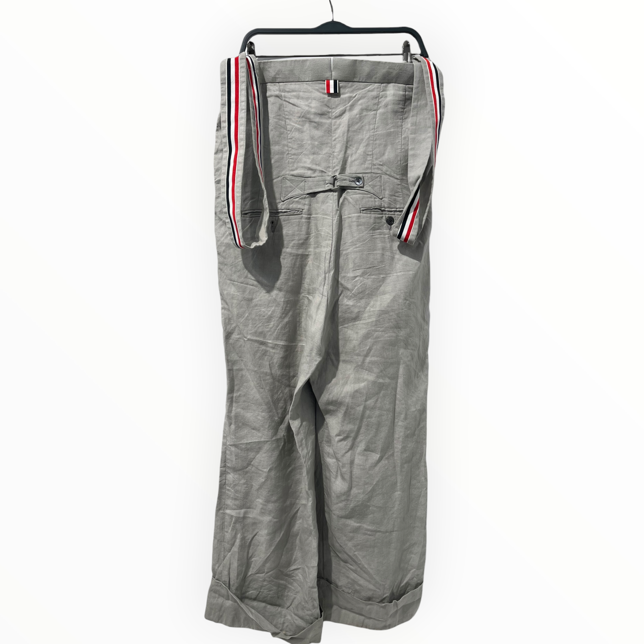 THOM BROWNE. NEW YORK/T&B Set/0/Linen/GRY/PLEATED PANTS W SUSPENDERS view 3