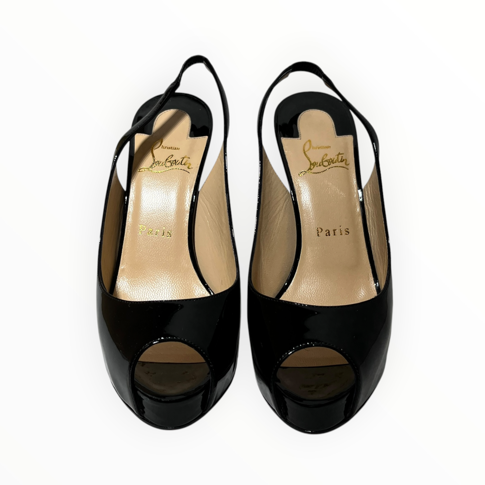 Christian Louboutin/Heels/EU 38/Faux Leather/BLK/Patent/slingback peep toe view 1
