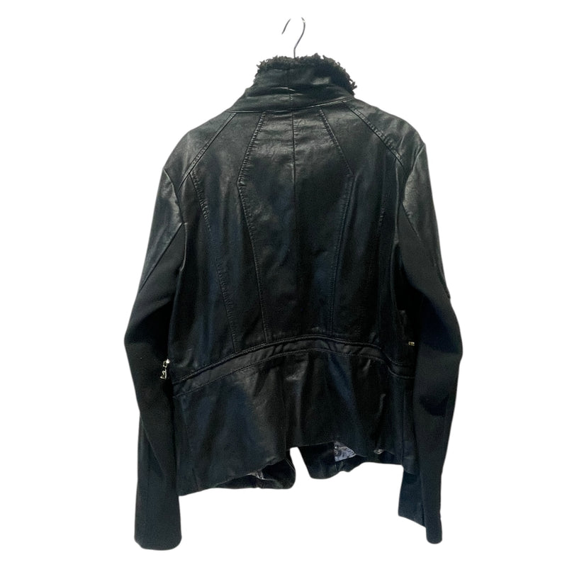 GUESS/Leather Jkt/L/Rayon/BLK/No Collar/GOLD HARDWARE/FLEECE COLLAR