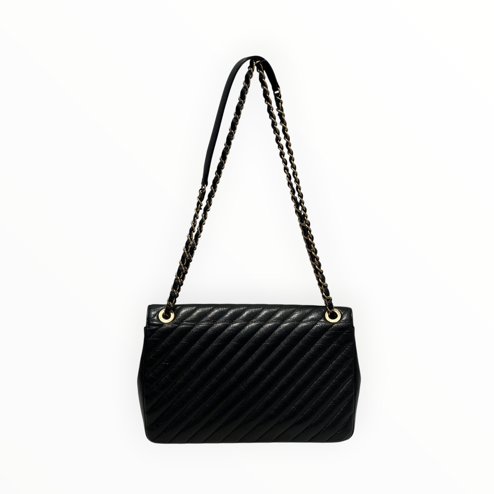 CHANEL/Cross Body Bag/Leather/BLK/DIAGONAL QUILT FLAP BAG LARGE view 2