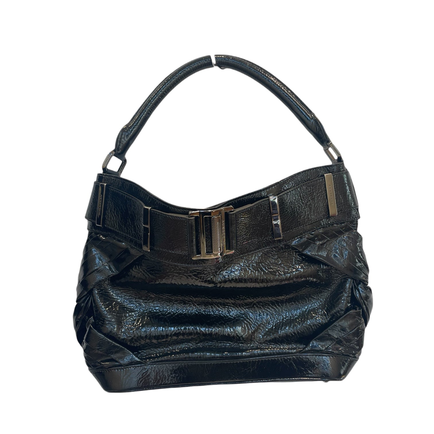 BURBERRY/Tote Bag/Leather/BLK/shiny black w belt buckle view 1
