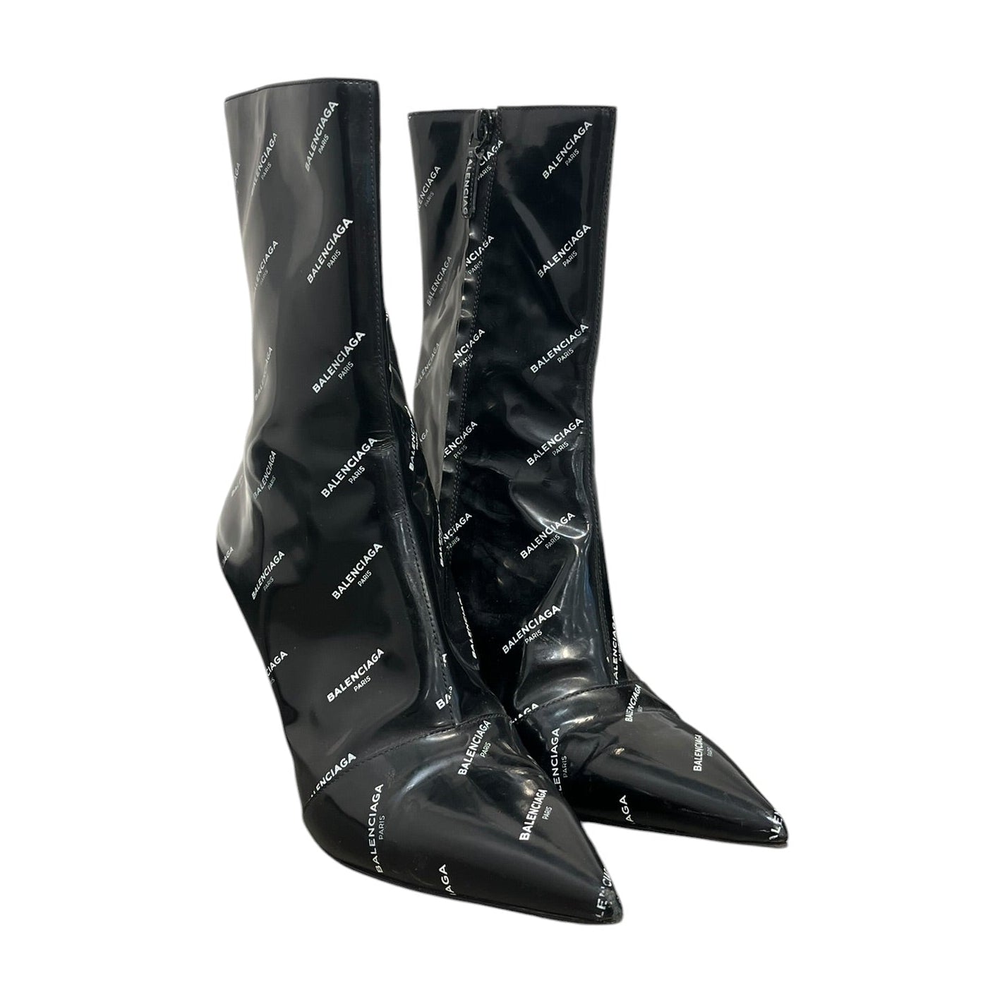 BALENCIAGA/Heels/EU 38/Monogram/Faux Leather/BLK/Patent/white logo zip up boot pointed view 1