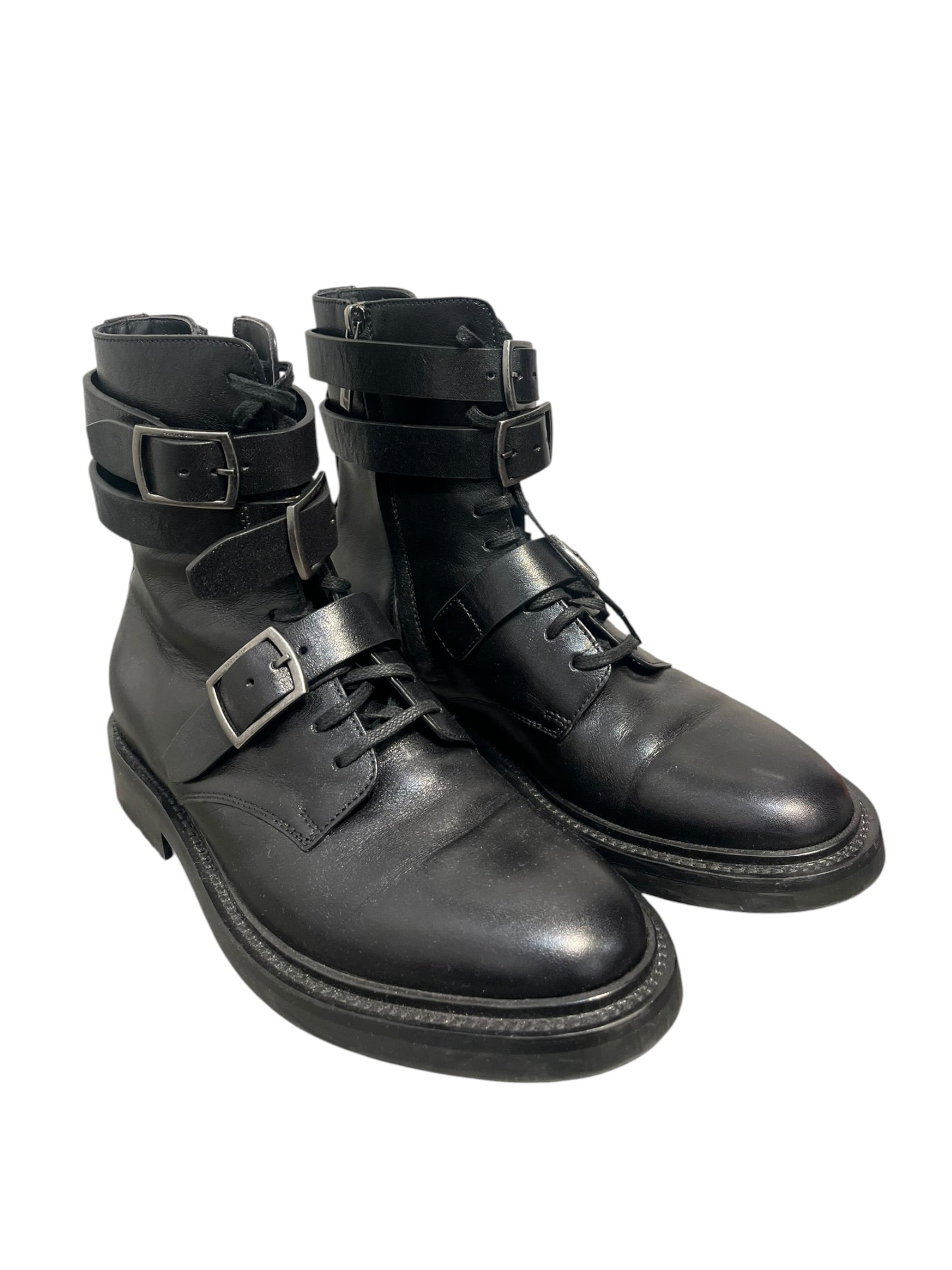SAINT LAURENT/Lace Up Boots/EU 38/Leather/BLK/ARMY BIKER BOOTS DOUBLE BUCKLE view 1