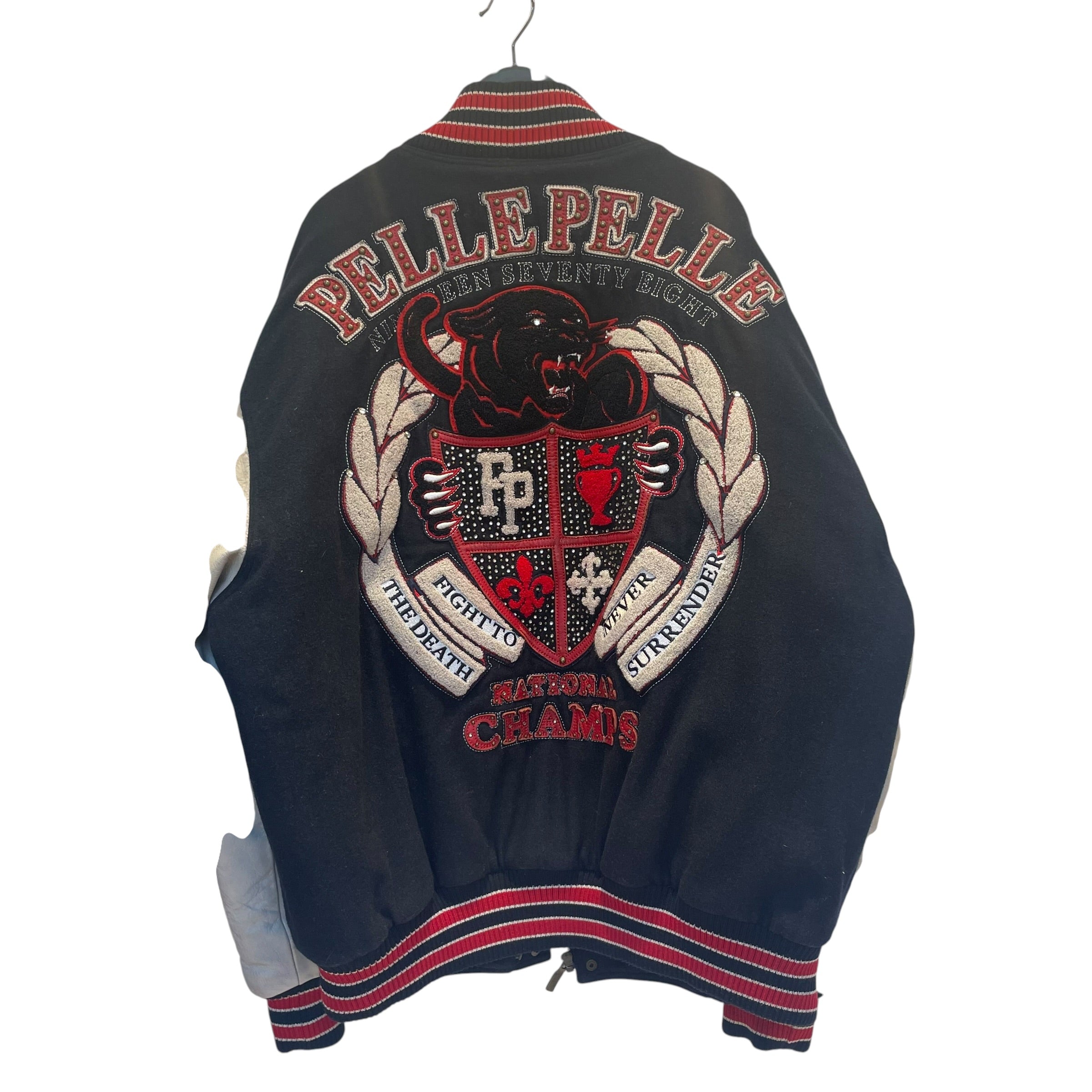 Pelle Pelle/Baseball Jkt/XXL/Wool/BLK/red paw print/cream sleeves view 2