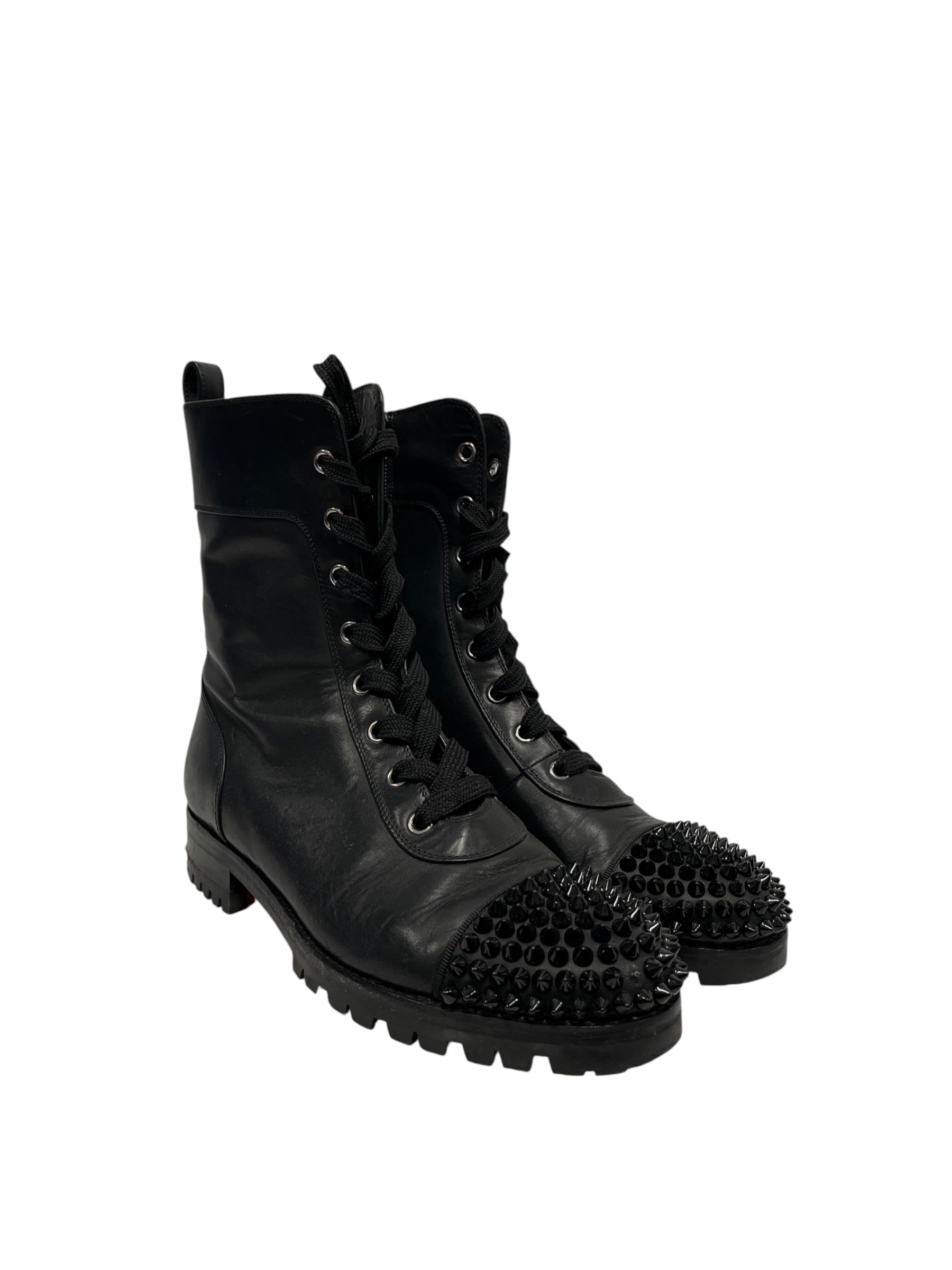 Christian Louboutin/Boots/EU 37/Leather/BLK/Spike toe flat combat boot view 1