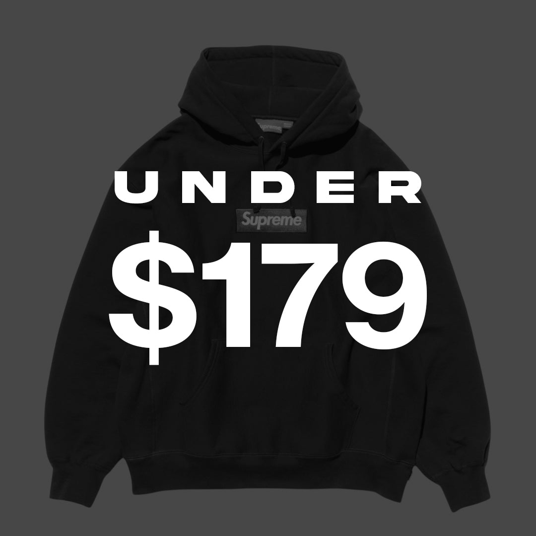 Black hoodie with 'Supreme' logo and text 'Under $179' on a dark gray background