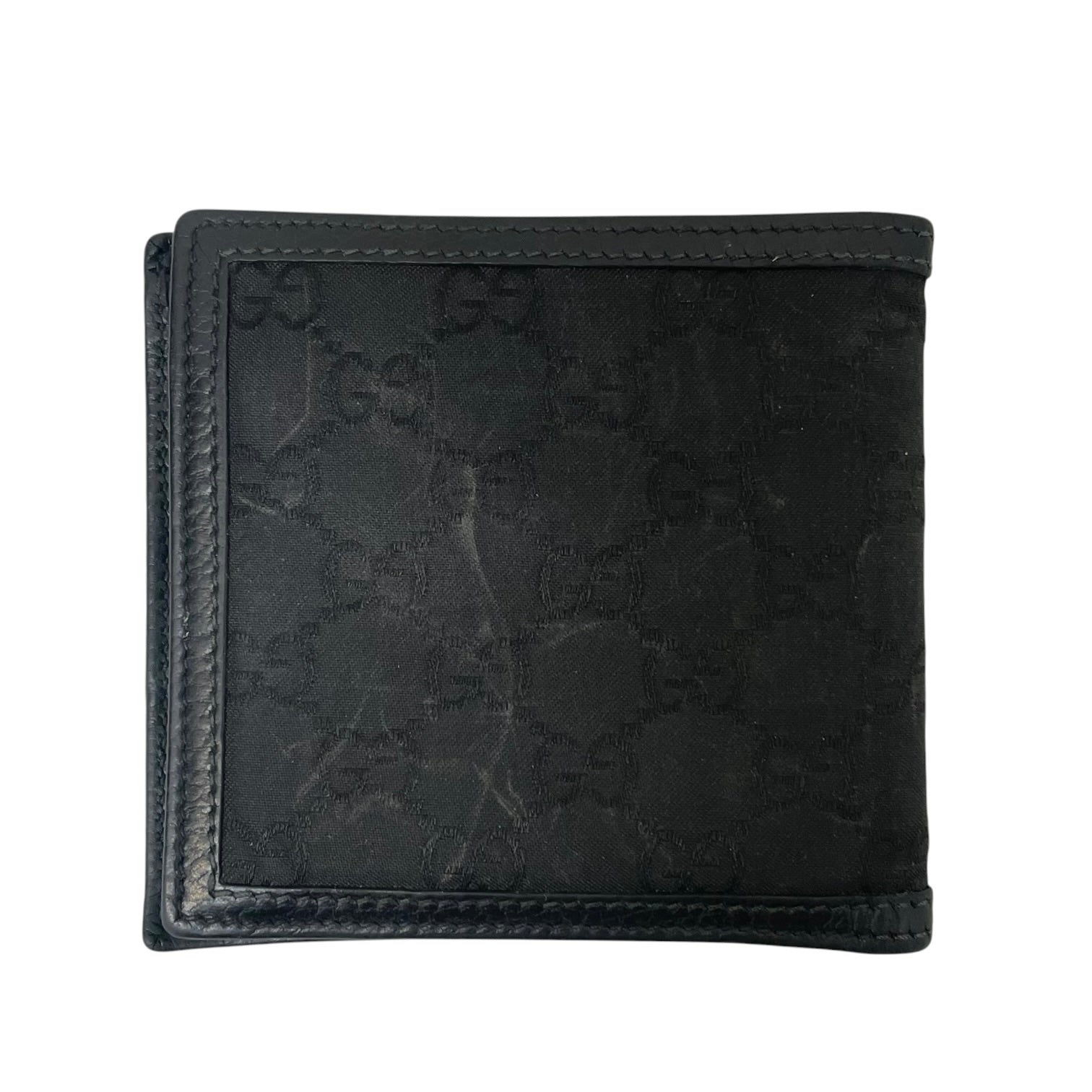 GUCCI/Bifold Wallet/Monogram/Cotton/BLK/foldover canvas leather trim view 2