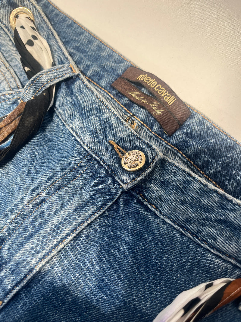 roberto cavalli/Straight Pants/46/Cotton/BLU/SCARF BELT / RIPPED DSGN