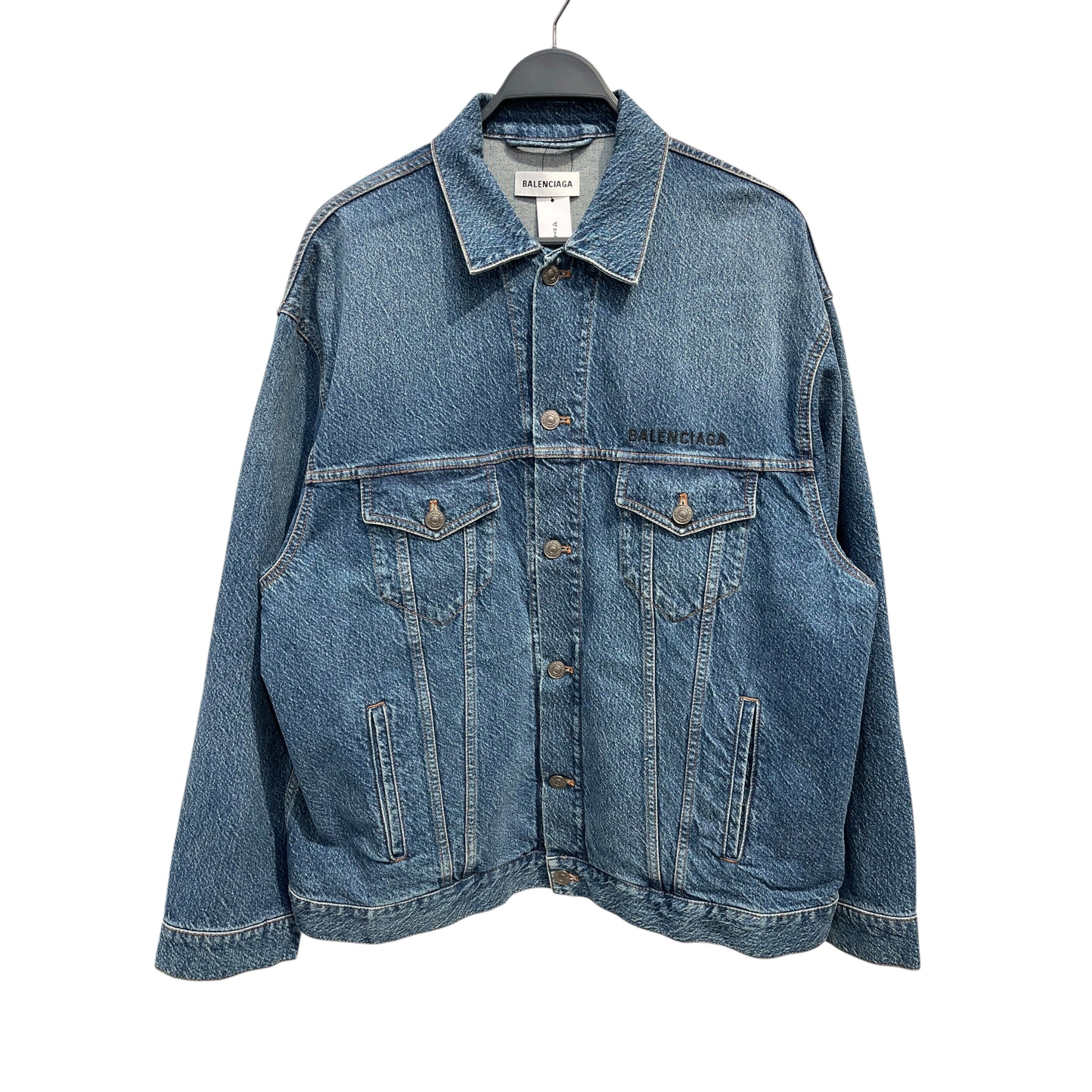 BALENCIAGA/Denim Jkt/34/Cotton/BLU/Single Breasted/OVERSIZED-BLK EMBROIDERED LOGO view 1