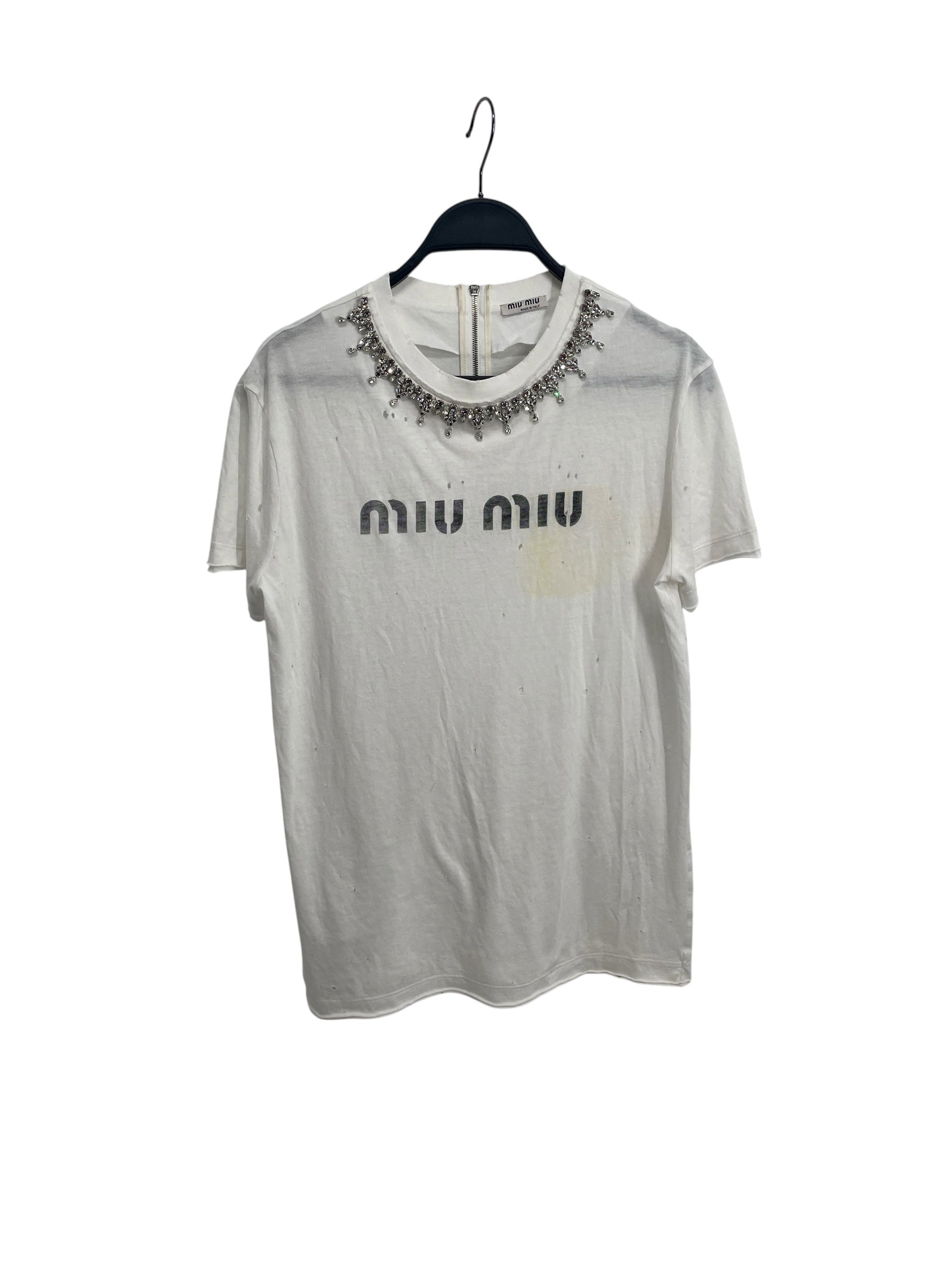 MIU MIU/T-Shirt/S/Cotton/WHT/RHINESTONE NECK\BACK ZIP view 1