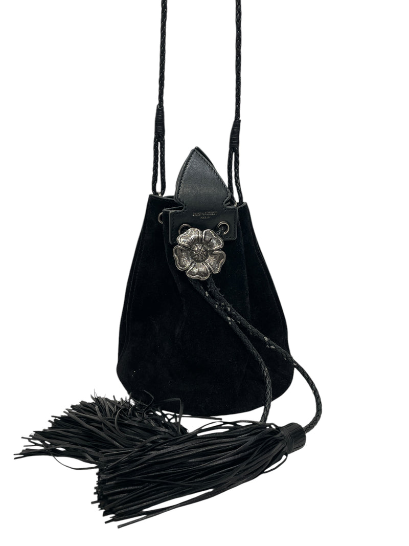 SAINT LAURENT/Clutch Bag/Suede/BLK/FLOWER TASSELS
