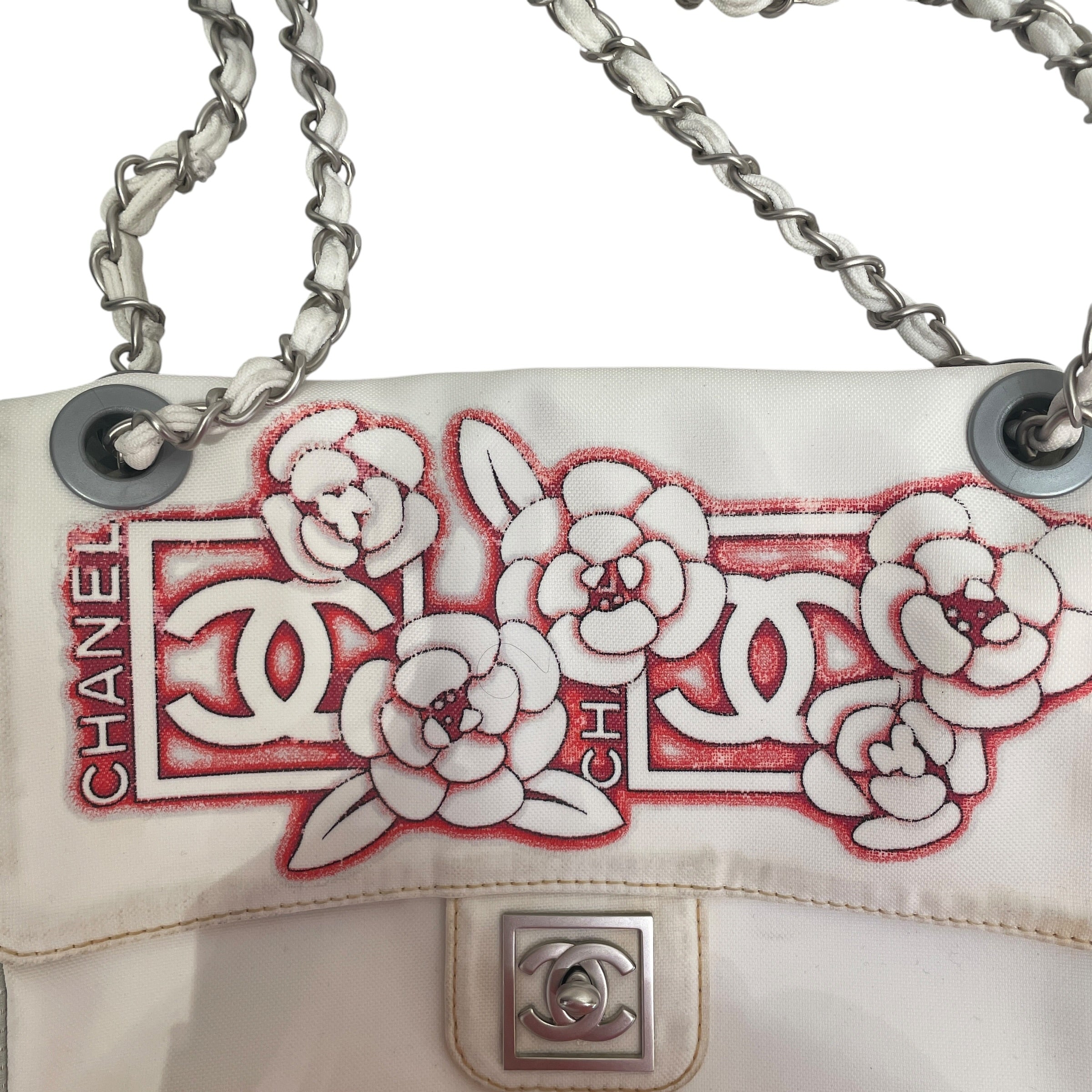 CHANEL/Cross Body Bag/All Over Print/Nylon/WHT/RED CAMELIA NYLON FLAP BAG view 3