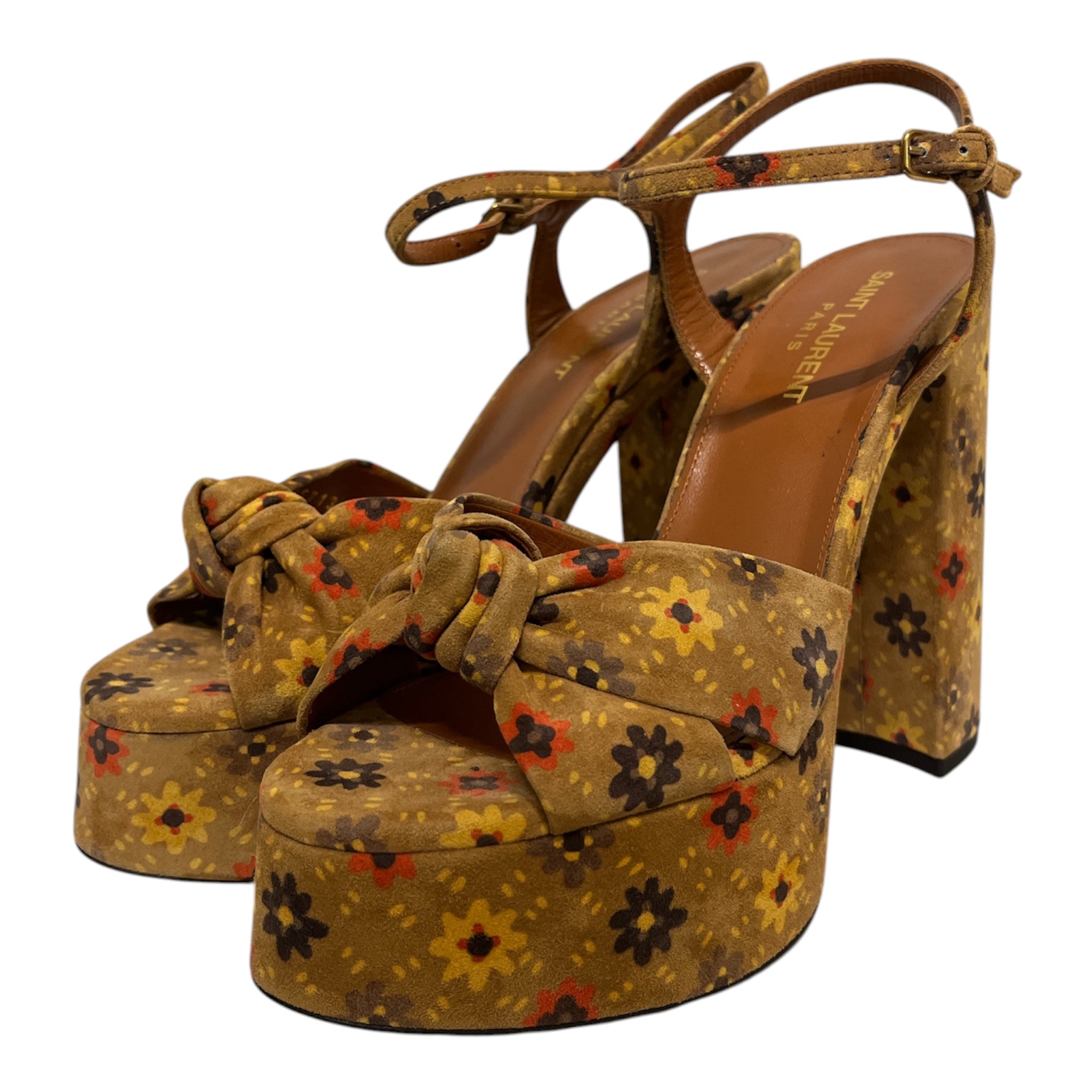 SAINT LAURENT/Heels/EU 37.5/Floral Pattern/ORN/Ankle Strap/BIANCA PLATFORM SANDALS view 1