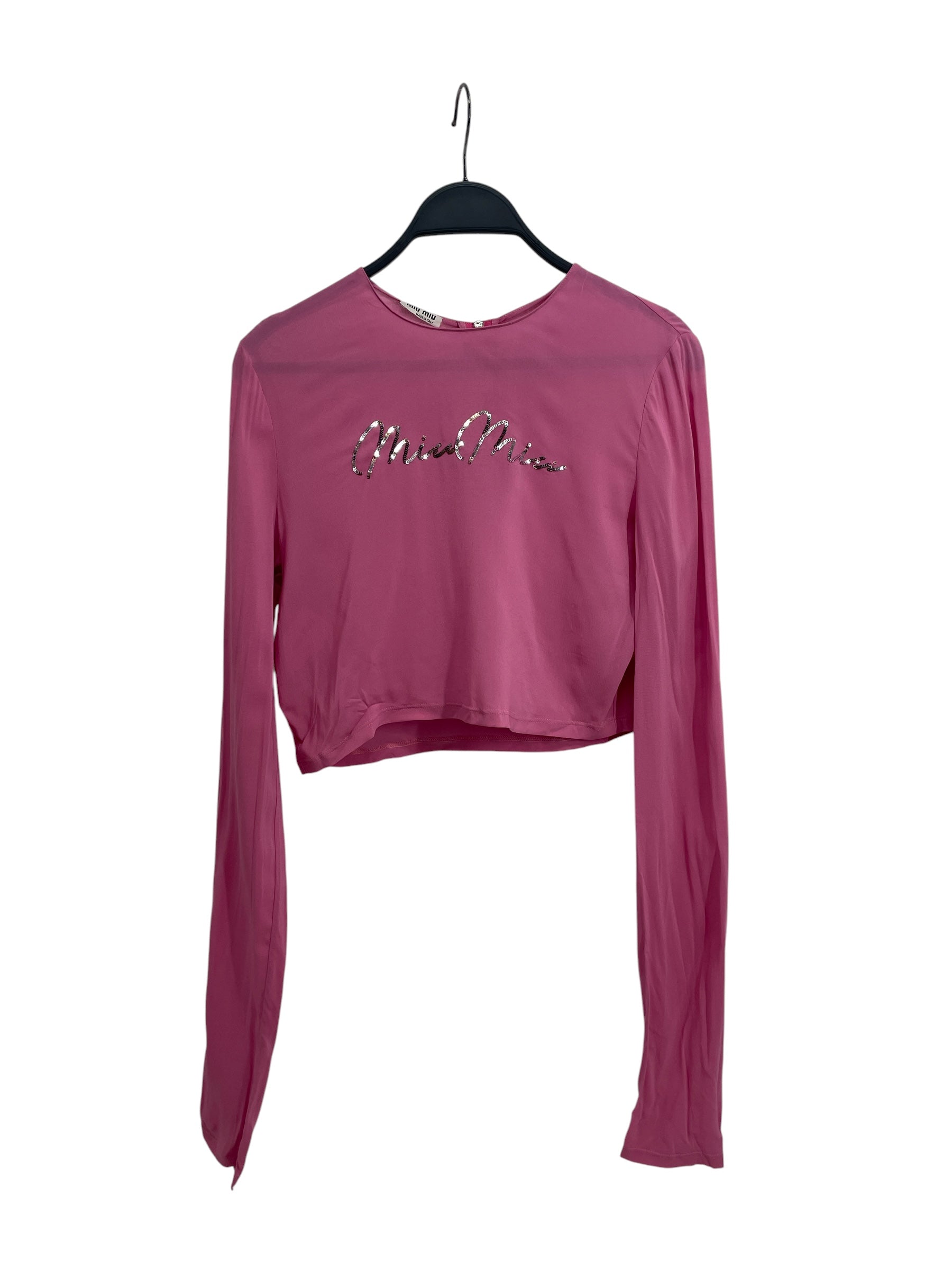 MIU MIU/LS Cut & Sew/38/Polyester/PNK/SEQUIN LOGO TOP view 1