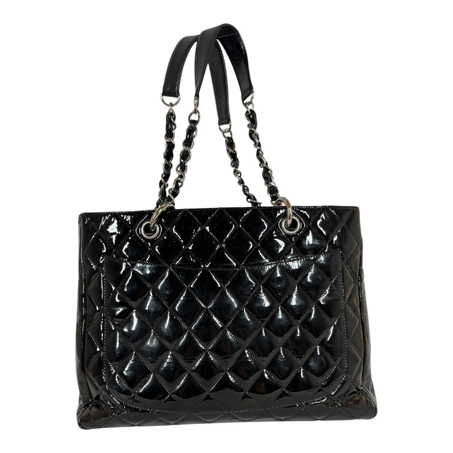 CHANEL/Hand Bag/Leather/BLK/QUILTED PATENT SHOPPING TOTE view 1