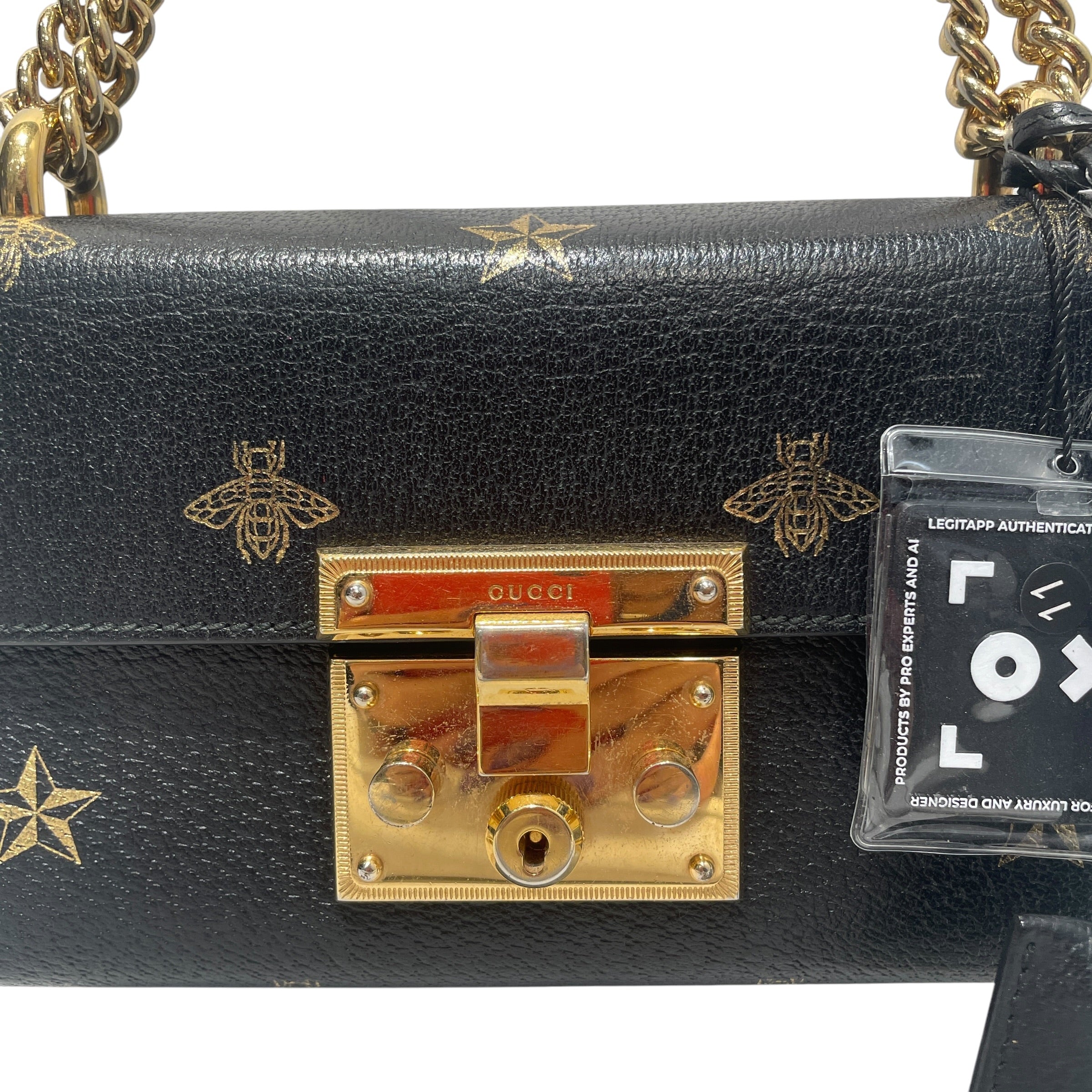GUCCI/Cross Body Bag/All Over Print/Leather/BLK/Bee Padlock view 2