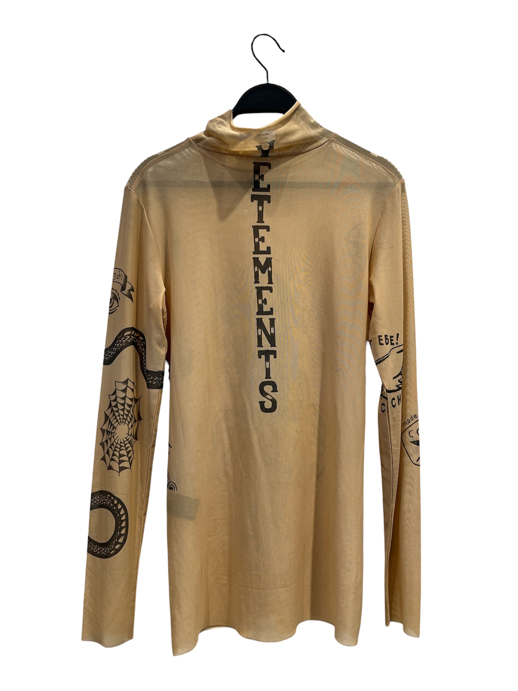VETEMENTS/T-Shirt/L/Polyester/BEG/All Over Print/TATTOO PRINT MESH TEE view 2