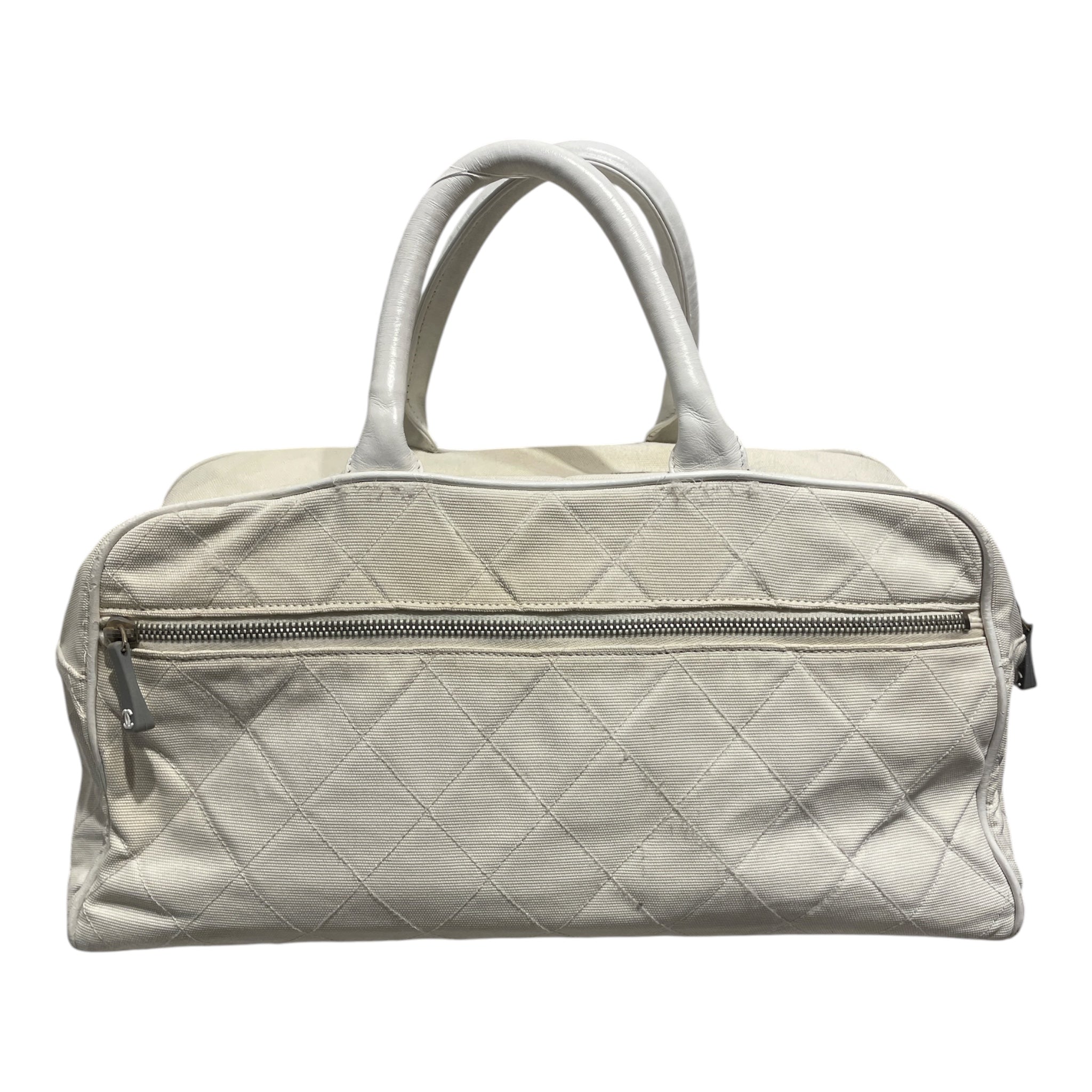 CHANEL/Hand Bag/Cotton/WHT/Bowler Cloth view 2