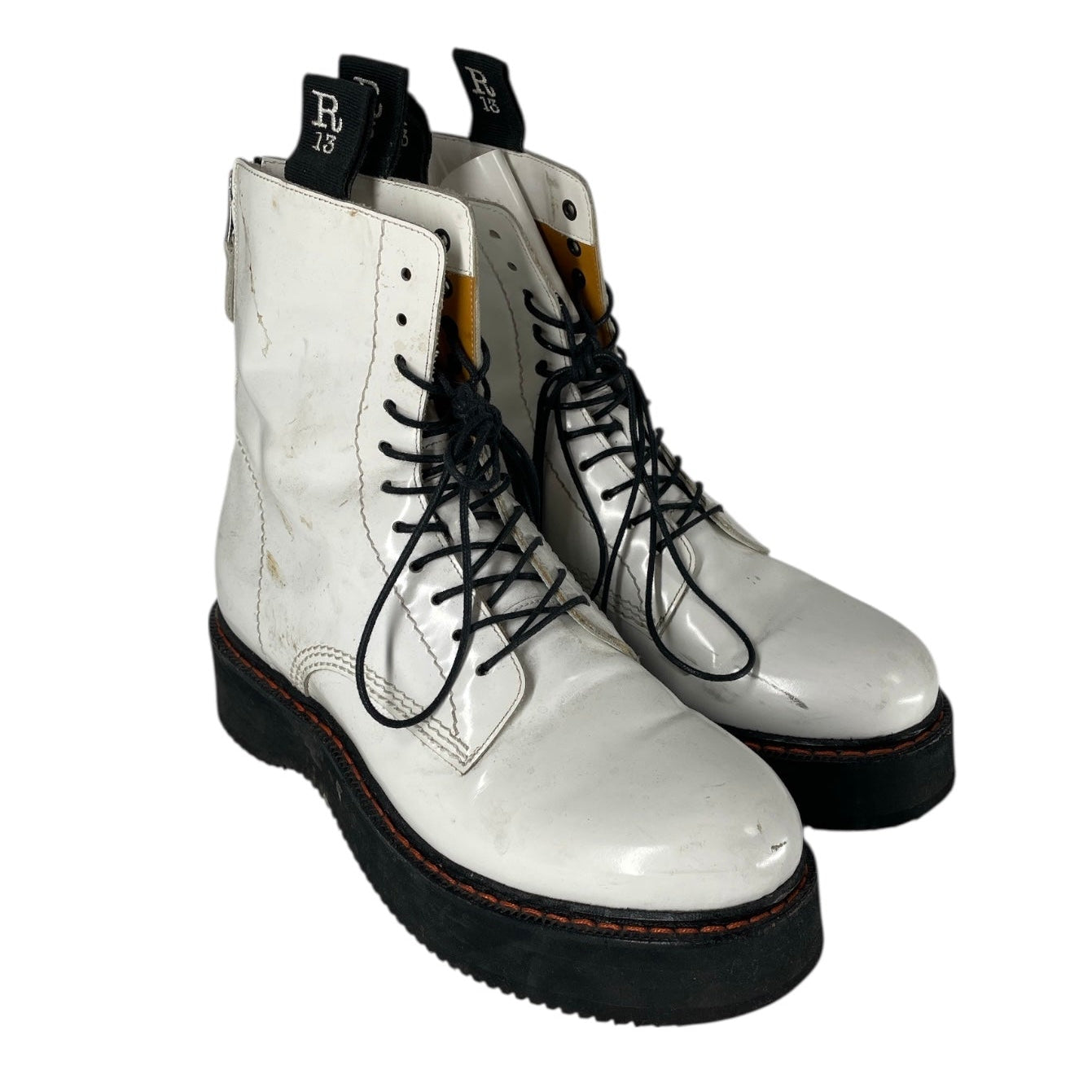 R13/Biker Boots/US 10/Leather/WHT/orange stitching platforms view 1