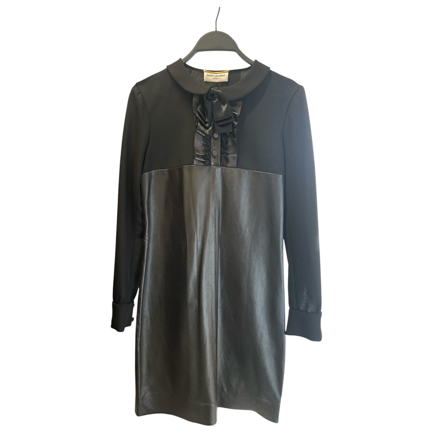 SAINT LAURENT/LS Dress/36/Leather/BLK/Midi Length/BLACK SILK NECK DETAIL DRESS view 1