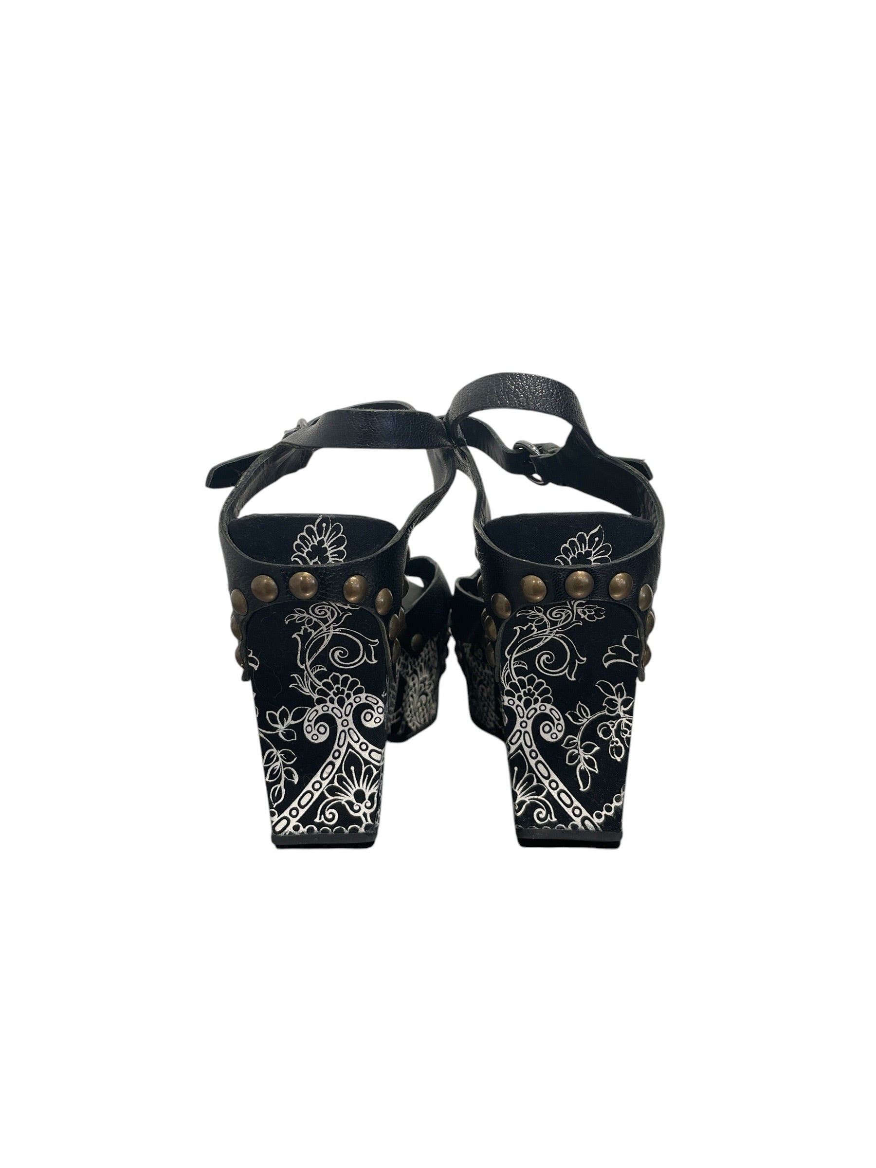 MIU MIU/Heels/EU 37/Floral Pattern/Leather/BLK/STUDDED WEDGE PLATFORMS view 5