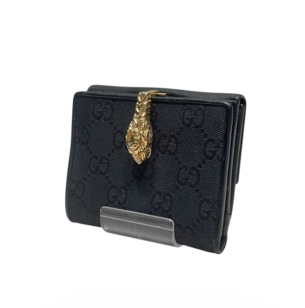 GUCCI/Trifold Wallet/Monogram/Cotton/BLK/L's/gold tiger view 1
