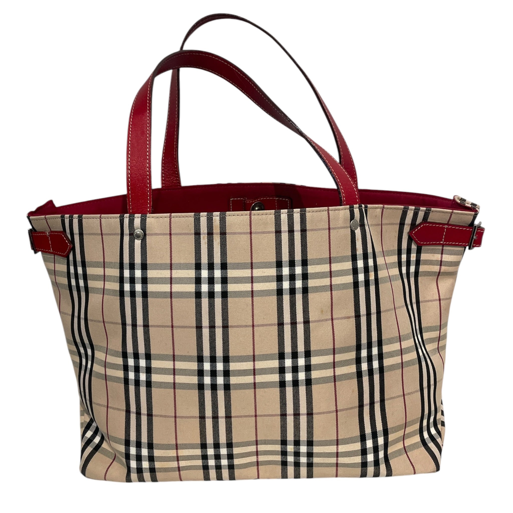 BURBERRY BLUE LABEL/Hand Bag/Plaid/Cotton/CRM/red inside & handle view 2