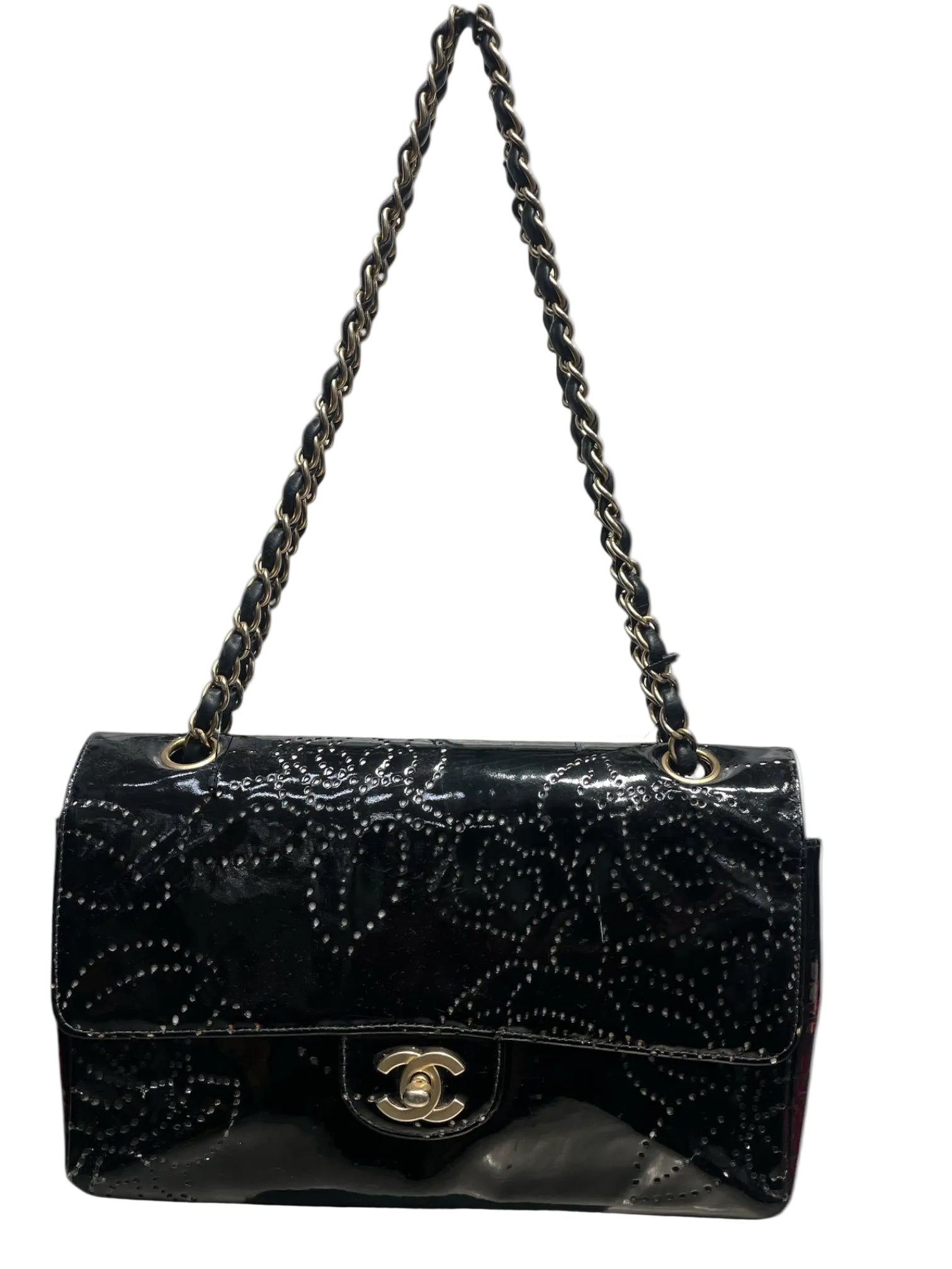 CHANEL/Hand Bag/Floral Pattern/Leather/BLK/Camellia Flap view 1