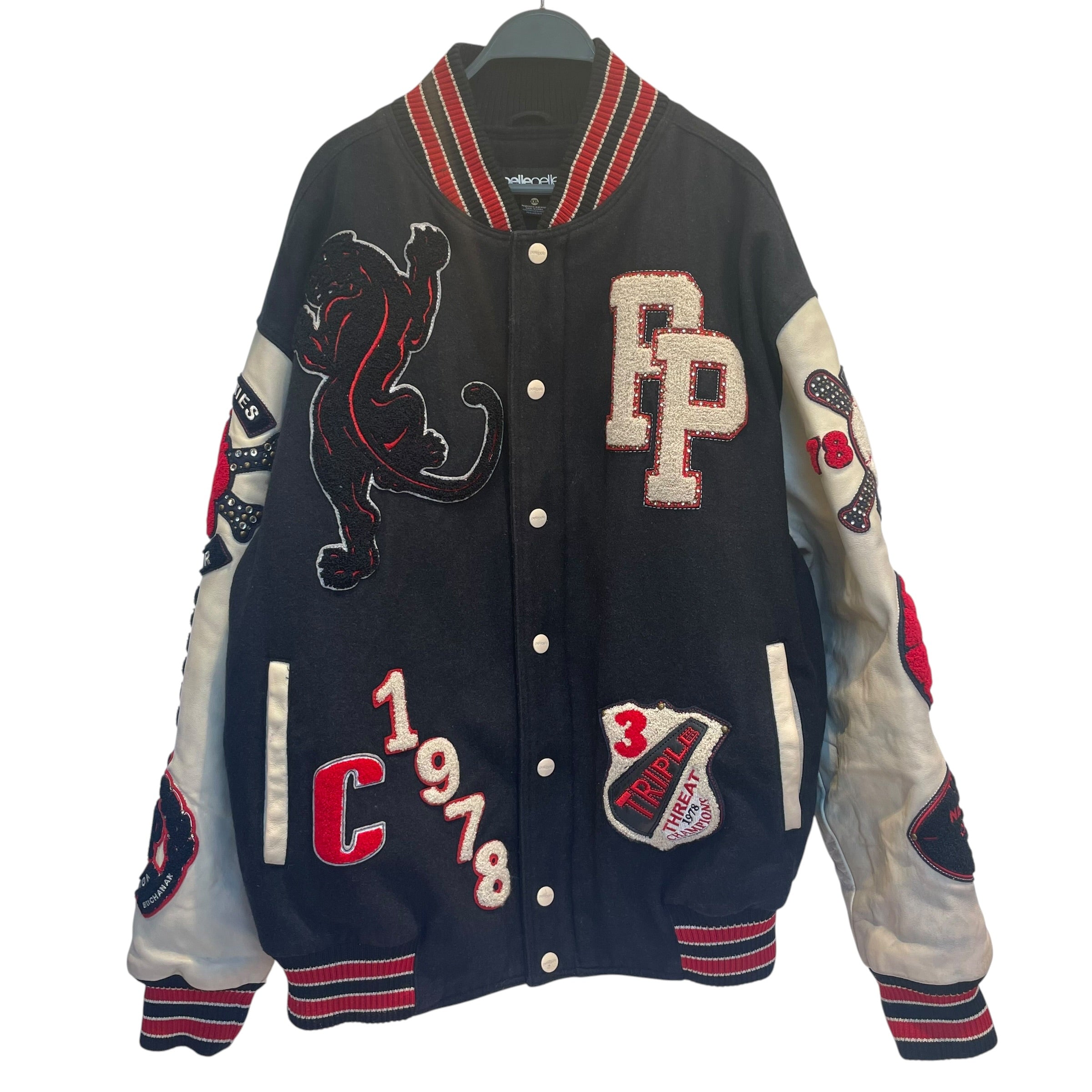 Pelle Pelle/Baseball Jkt/XXL/Wool/BLK/red paw print/cream sleeves view 1