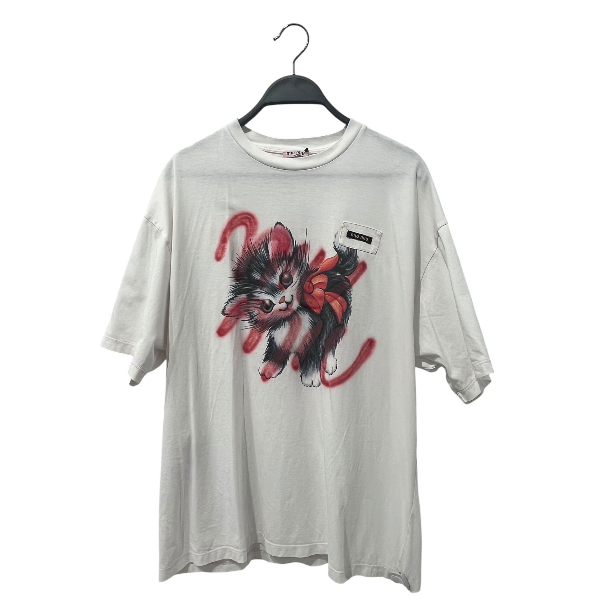 MIU MIU/T-Shirt/XS/Graphic/Cotton/WHT/red logo cat graphic frontback view 1