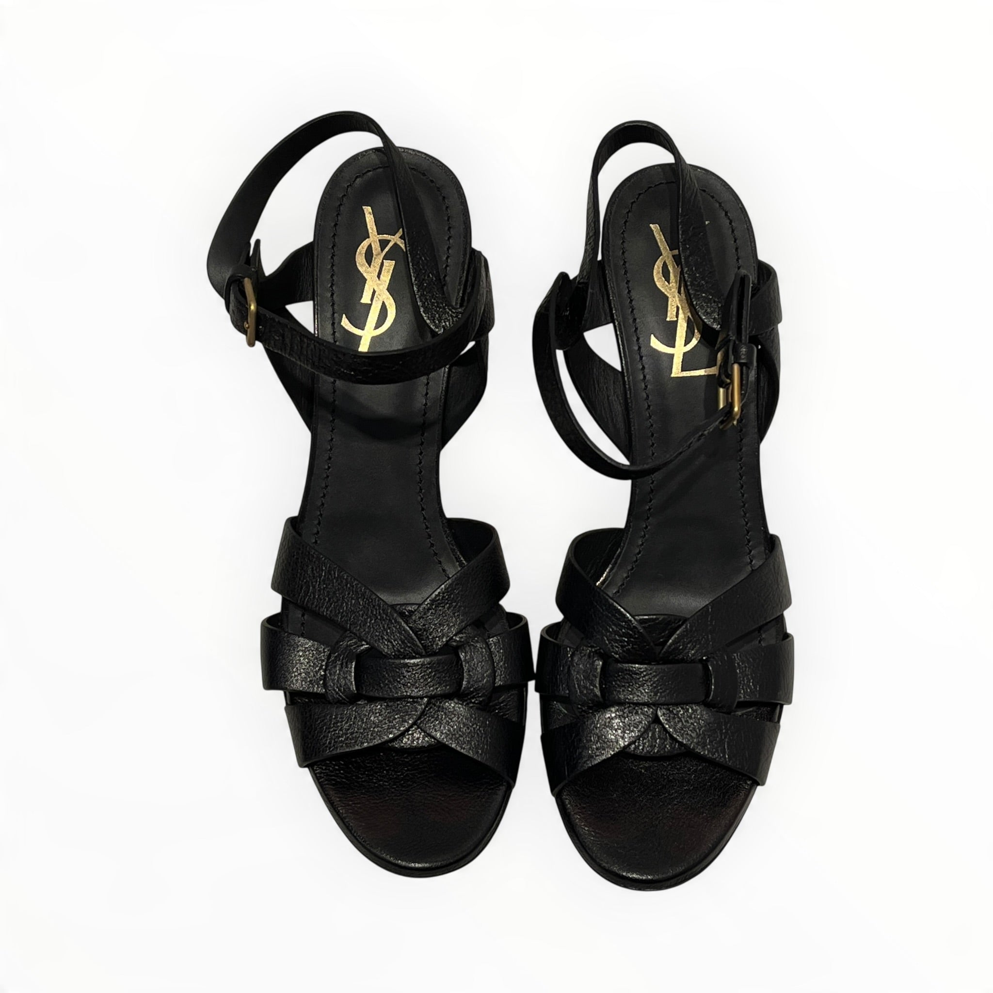 YVES SAINT LAURENT/Heels/EU 37.5/Leather/BLK/Open-Toe/Tribute Platform Sandal Gold view 3